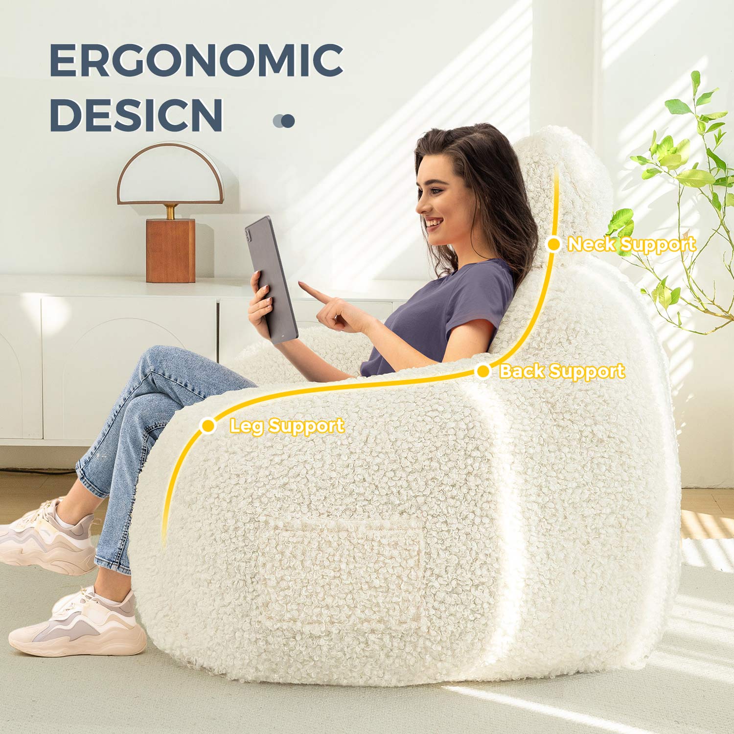 MAXYOYO Large Wool Bean Bag Chair with Pillow - Ultra Comfortable Lounge Chair for Adults & Teens - Perfect for Reading, Gaming, and Relaxing in Living Room, Bedroom or Dorm