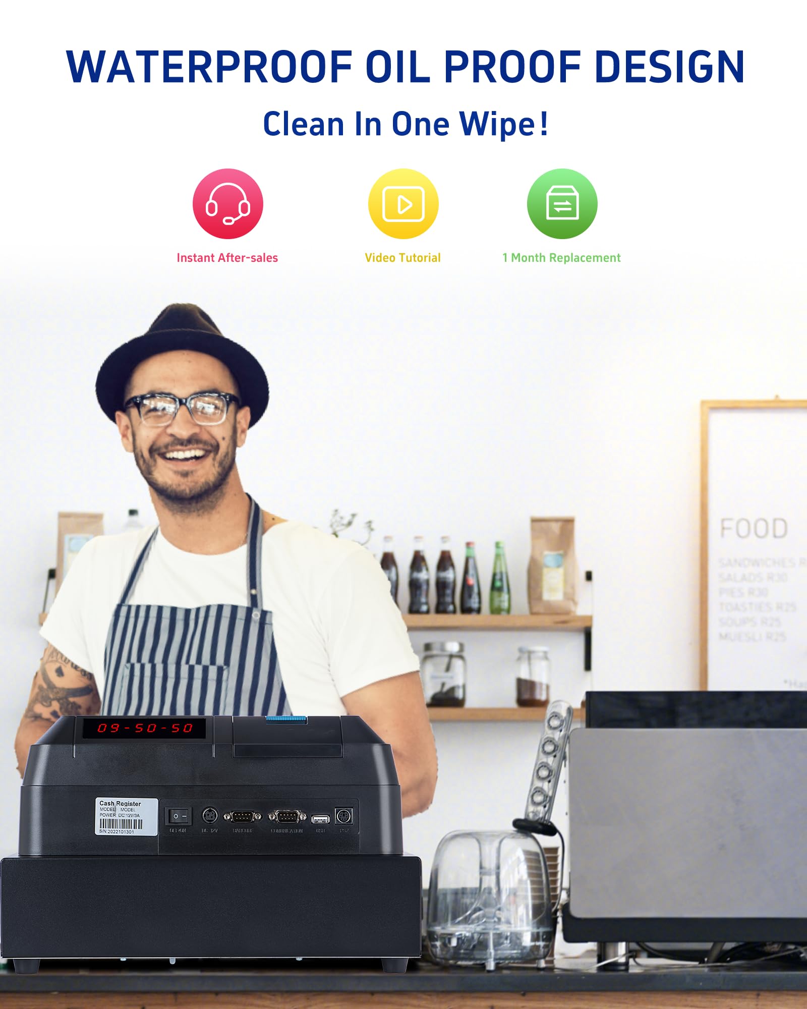 Perfiware Electronic Cash Register for Small Business - Dual Display, Auto Receipt Printer, Cash Drawer & Barcode Scanner - Oil-Proof Keyboard for Retail Stores, Restaurants, Malls & Shops (Perfect for Quick Checkout & Inventory Management)