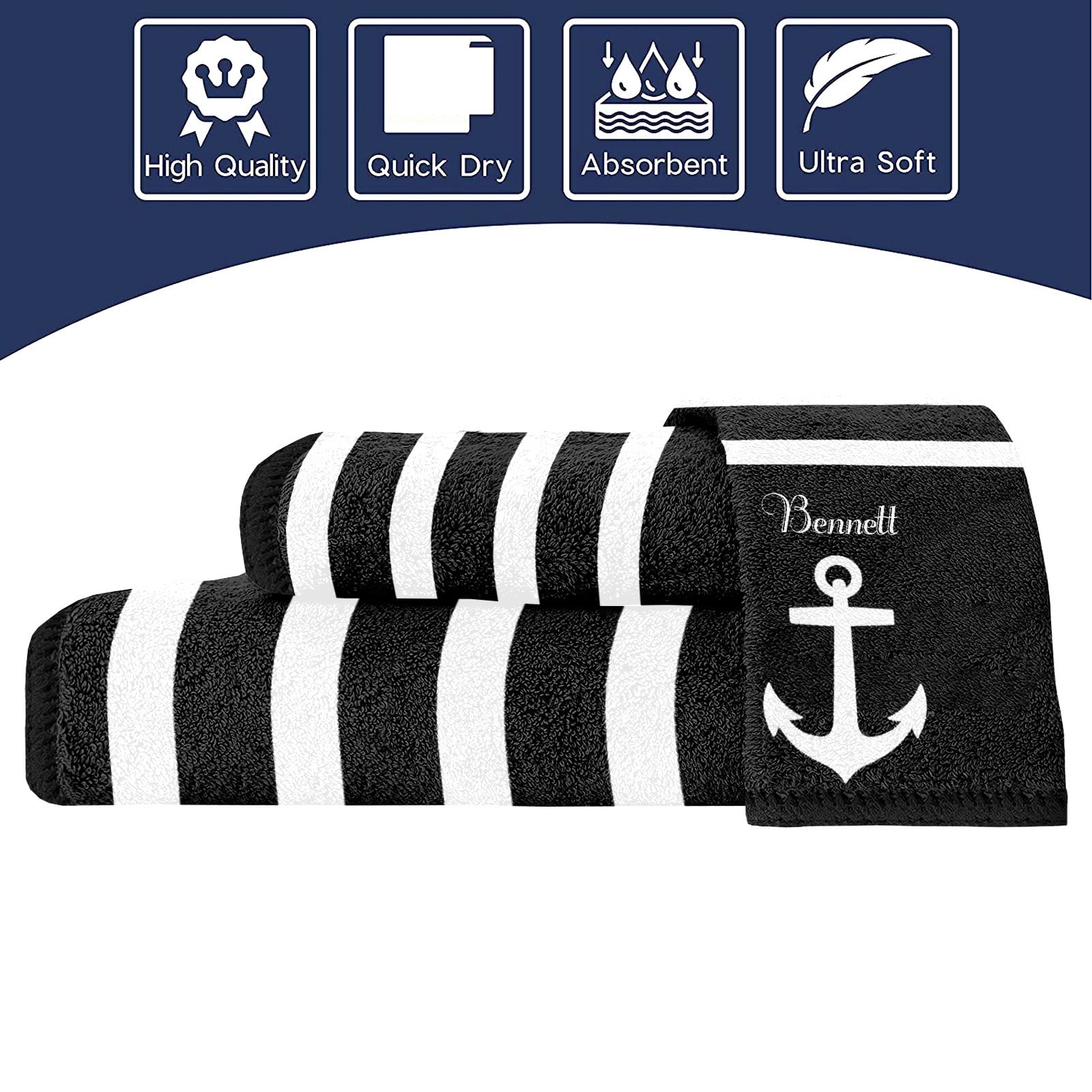 Quick Dry Microfiber Beach Towel Set - Personalized Nautical Anchor Design with Black Stripes for Adults & Kids | Perfect for Pool, Bath, Travel & Wedding Gifts