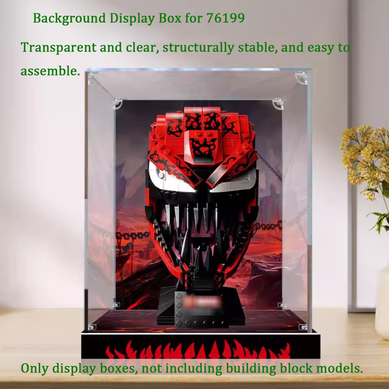 3mm Acrylic Countertop Display Case for Lego 76199 Carnage Model - Dustproof Storage & Collection Box with Background - Perfect for Home Decor, Office Display & Toy Protection