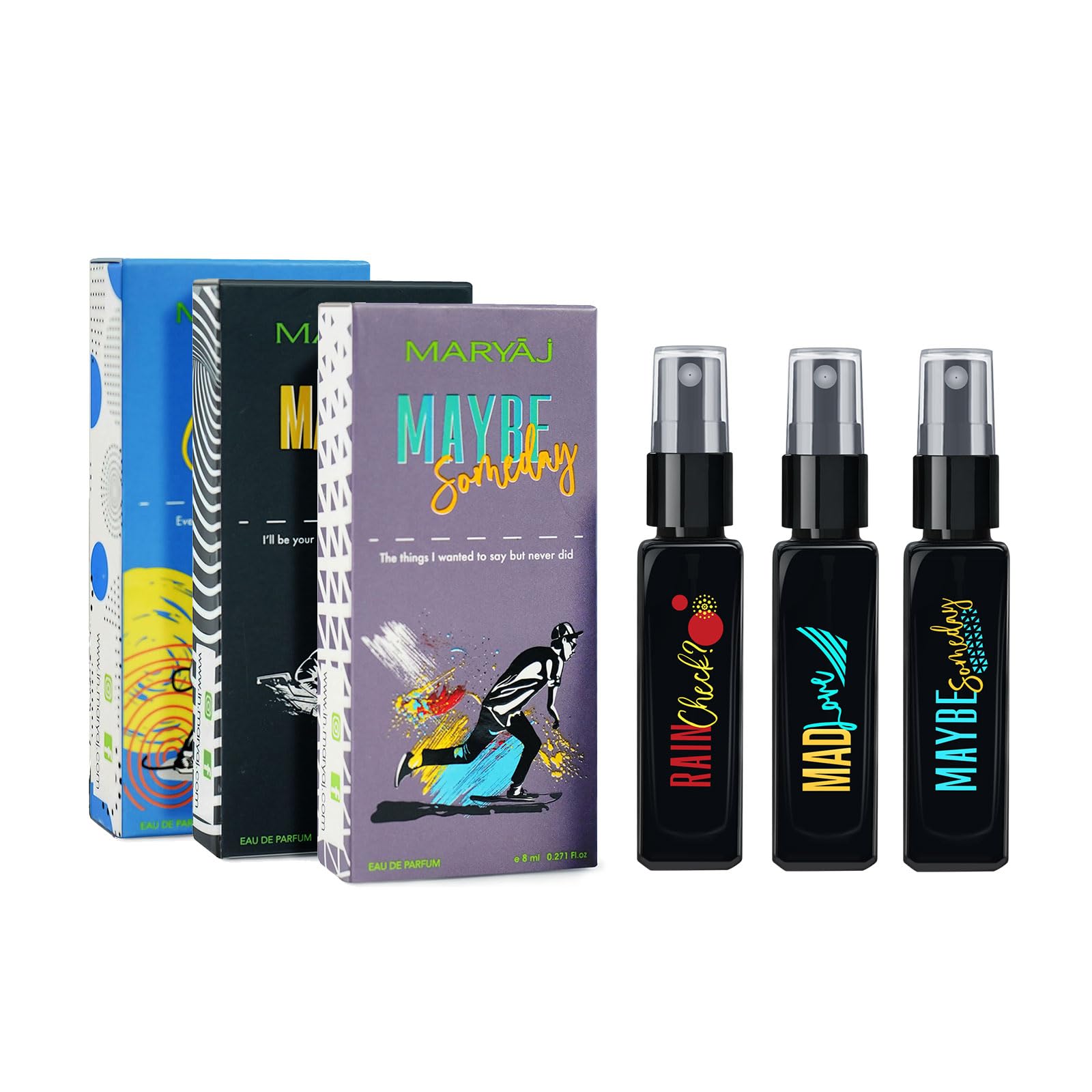 Maryaj Rain Check, Mad Love & Maybe Someday EDP Perfume Set (3 x 8ML) - Long Lasting Fragrance Spray Gift for Men & Women - Perfect for Dating, Parties & Special Occasions