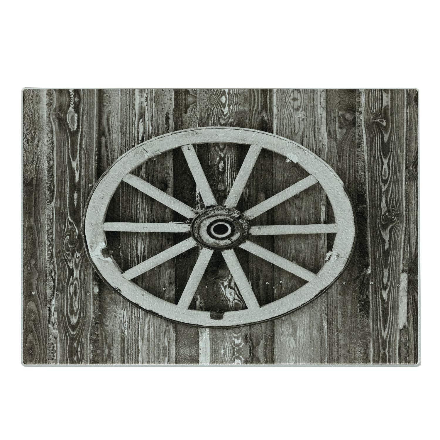Ambesonne Vintage Barn Wood Wagon Wheel Cutting Board - Decorative Tempered Glass Serving Tray with Retro Timber Design - Dark Brown & White Small Size - Perfect for Rustic Kitchens, Farmhouse Decor & Cheese Charcuterie Boards
