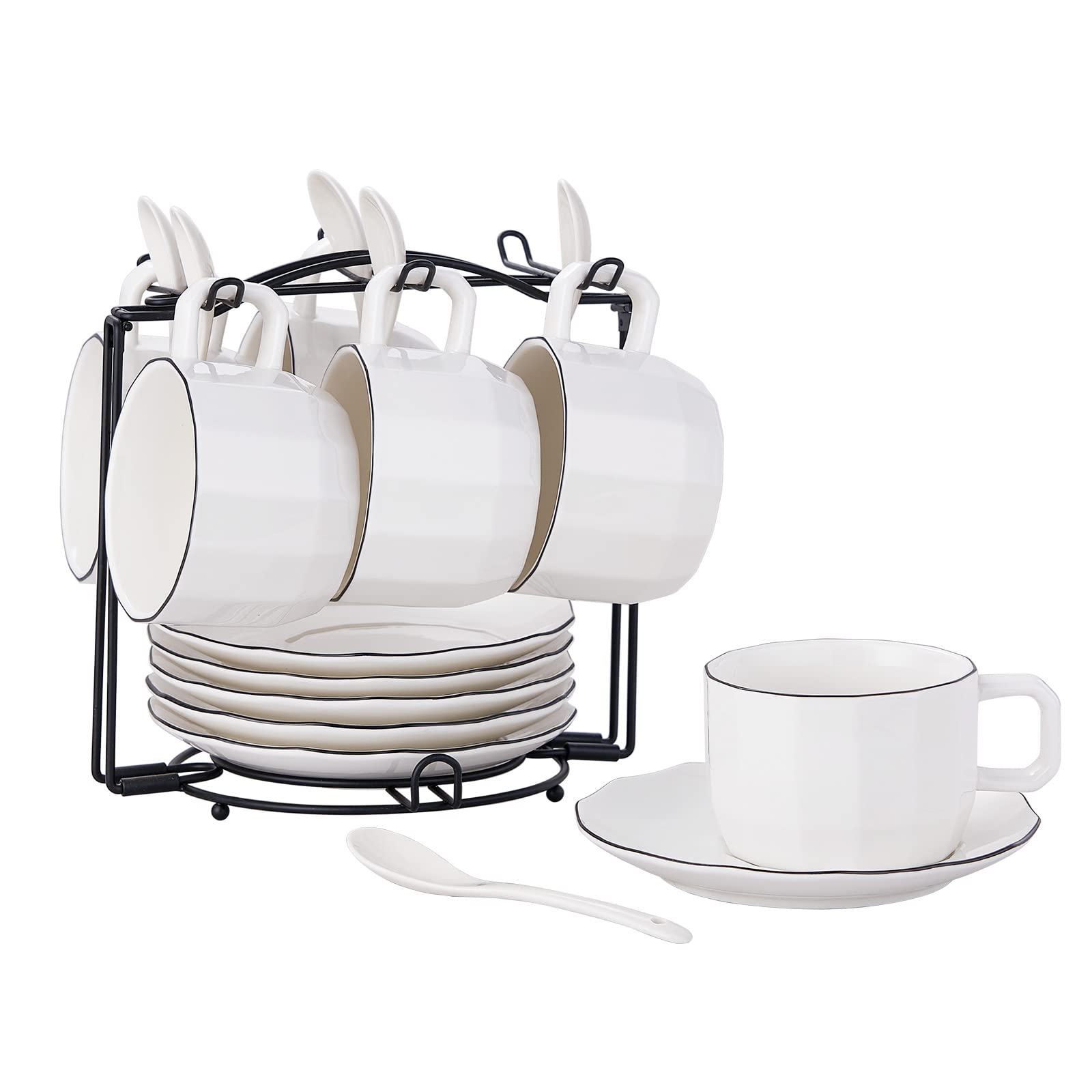 Premium 7 oz Porcelain Cappuccino Cups and Saucers Set of 6 - Elegant White with Black Trim for Specialty Coffee Drinks, Latte, Americano & Tea - Perfect for Home Cafes, Coffee Shops & Gifts