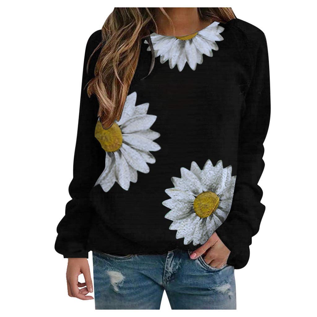 Women's Daisy Print Crewneck Sweatshirt - Long Sleeve Raglan Loose Tunic Top for Autumn | Casual Wear, Layering & Everyday Outfits