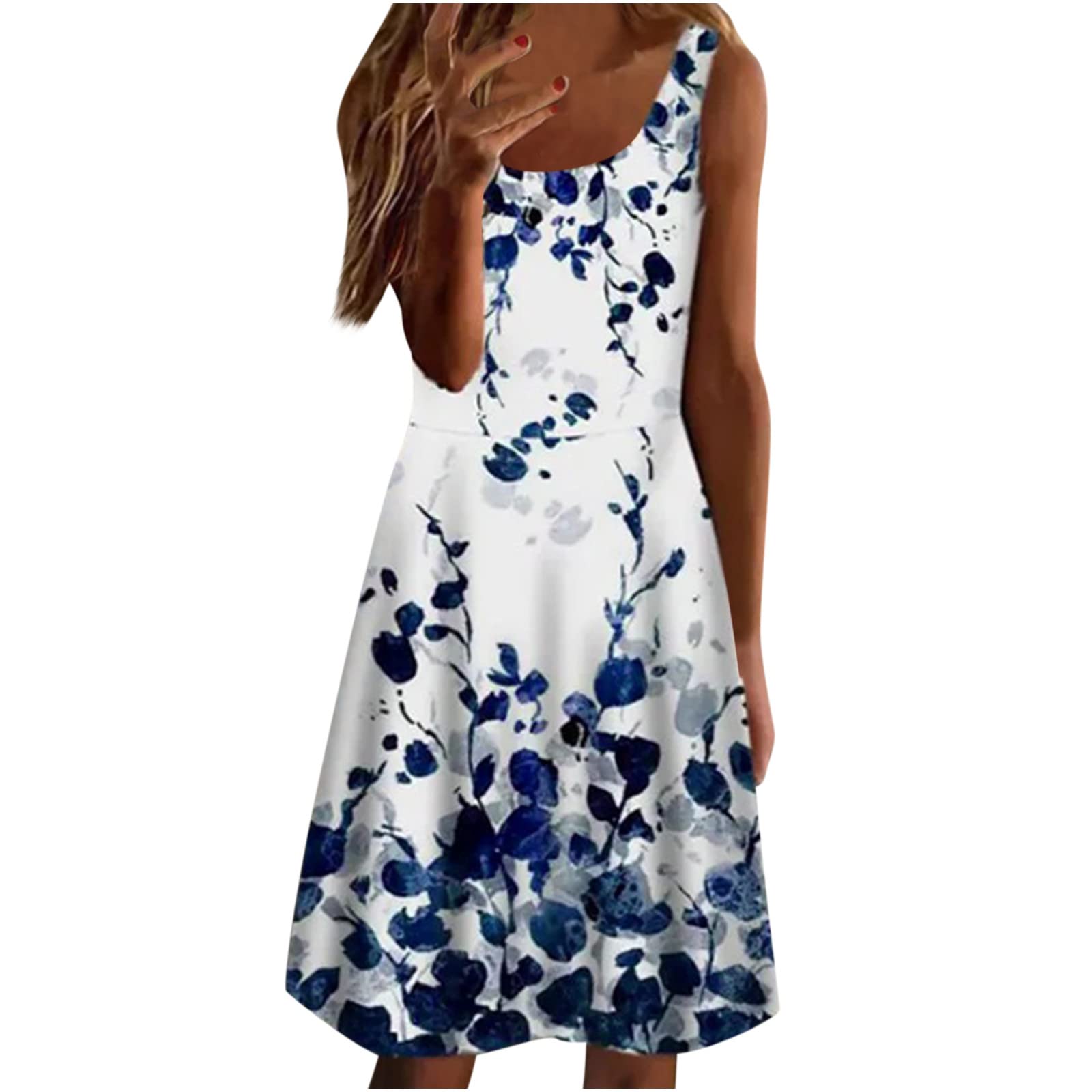 bmkBWO Women's Sexy Sleeveless Summer Dress - Crewneck Midi Swing Dress, Loose Casual Beach Dress, Knee Length Shift Dress for Vacation, Party, Date Night and Daily Wear