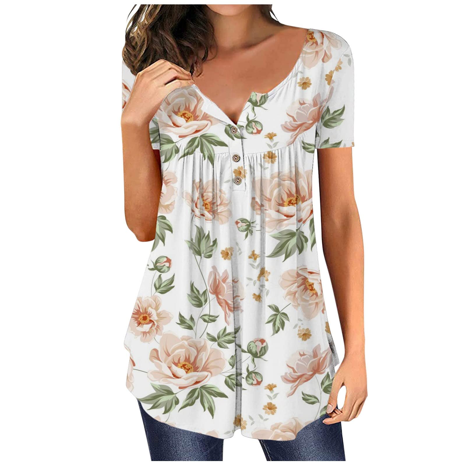 Women's Summer Short Sleeve Floral Print V-Neck Tunic Top - Business Casual Pleated Blouse for Office, Dating & Outdoor Activities