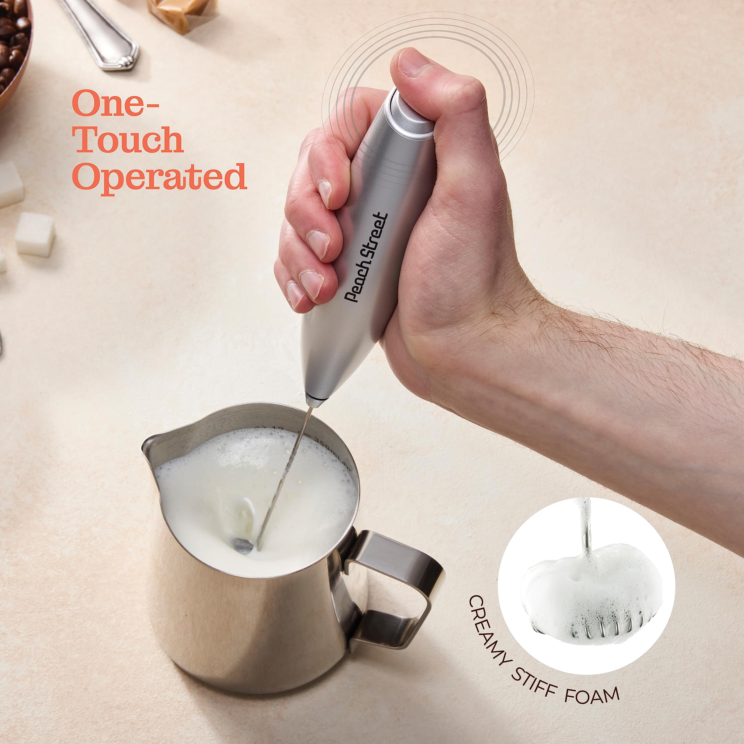 Premium Handheld Milk Frother - Battery Operated Stainless Steel Drink Mixer with Stand for Coffee, Lattes, Cappuccino | Perfect for Home Baristas & Coffee Lovers - Create Cafe-Quality Foam for Hot Chocolate, Matcha & Frappes