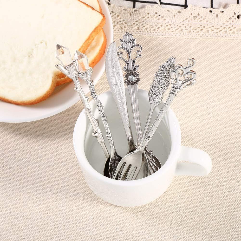 6Pcs Vintage Silver Dessert Spoons Set - Mini Metal Coffee & Tea Spoons, Fruit & Milk Spoons with Forks - Elegant Tableware for Kitchen, Dining, Bar, Party & Wedding Cutlery (Silver)