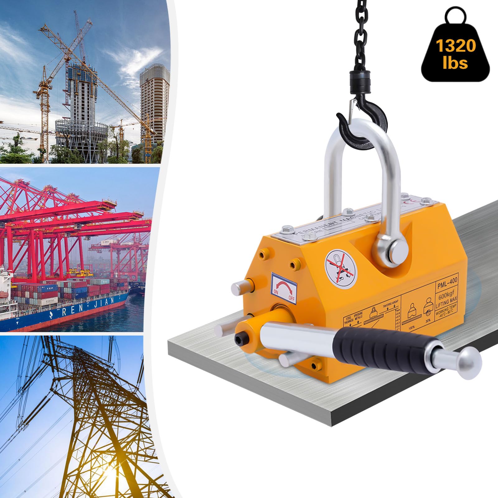 600kg (1320 lbs) Heavy Duty Permanent Lifting Magnet with Safety Release - 2.5x Safety Factor for Steel Handling - Ideal for Hoists, Shop Cranes & Industrial Workplaces