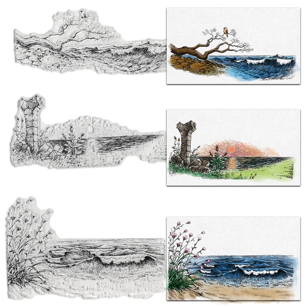 3Pcs Sea Mountain Scenery Clear Stamps for Card Making, DIY Scrapbooking - Lake River Landscape Background Transparent Rubber Stamps for Photo Album, Journaling & Crafting Supplies | Perfect for Greeting Cards, Invitations & Memory Books