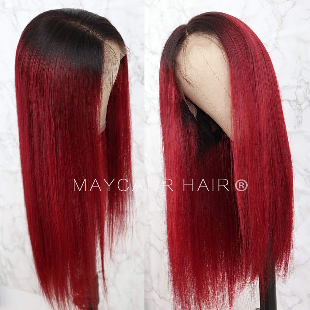 Maycaur Red Ombre Human Hair Lace Front Wig - Silky Straight #1B/Red Full Lace Wig with Baby Hair 130% Density (20 Inch) | Perfect for Cosplay, Daily Wear & Special Occasions