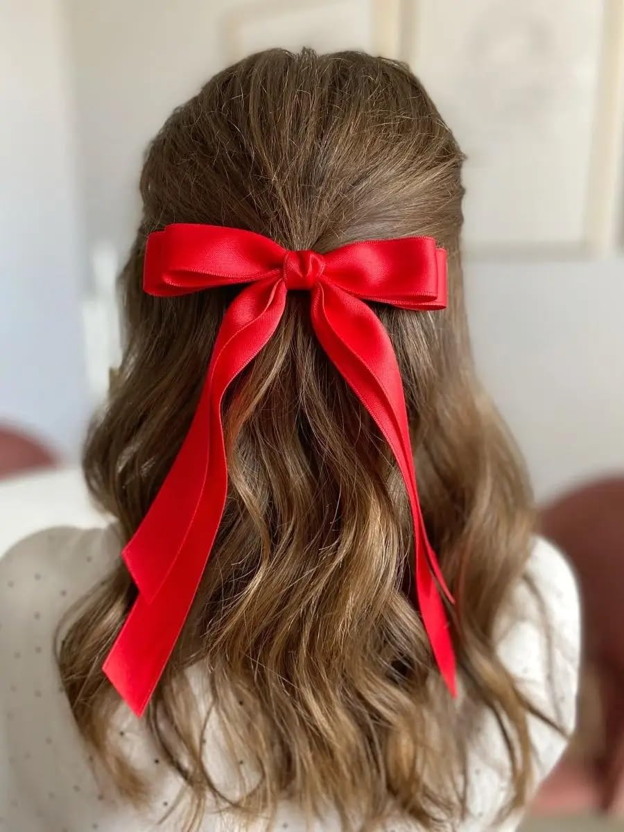 Red Satin Hair Bows for Women & Girls - 2pcs Christmas Hair Clips for Parties & Gifts