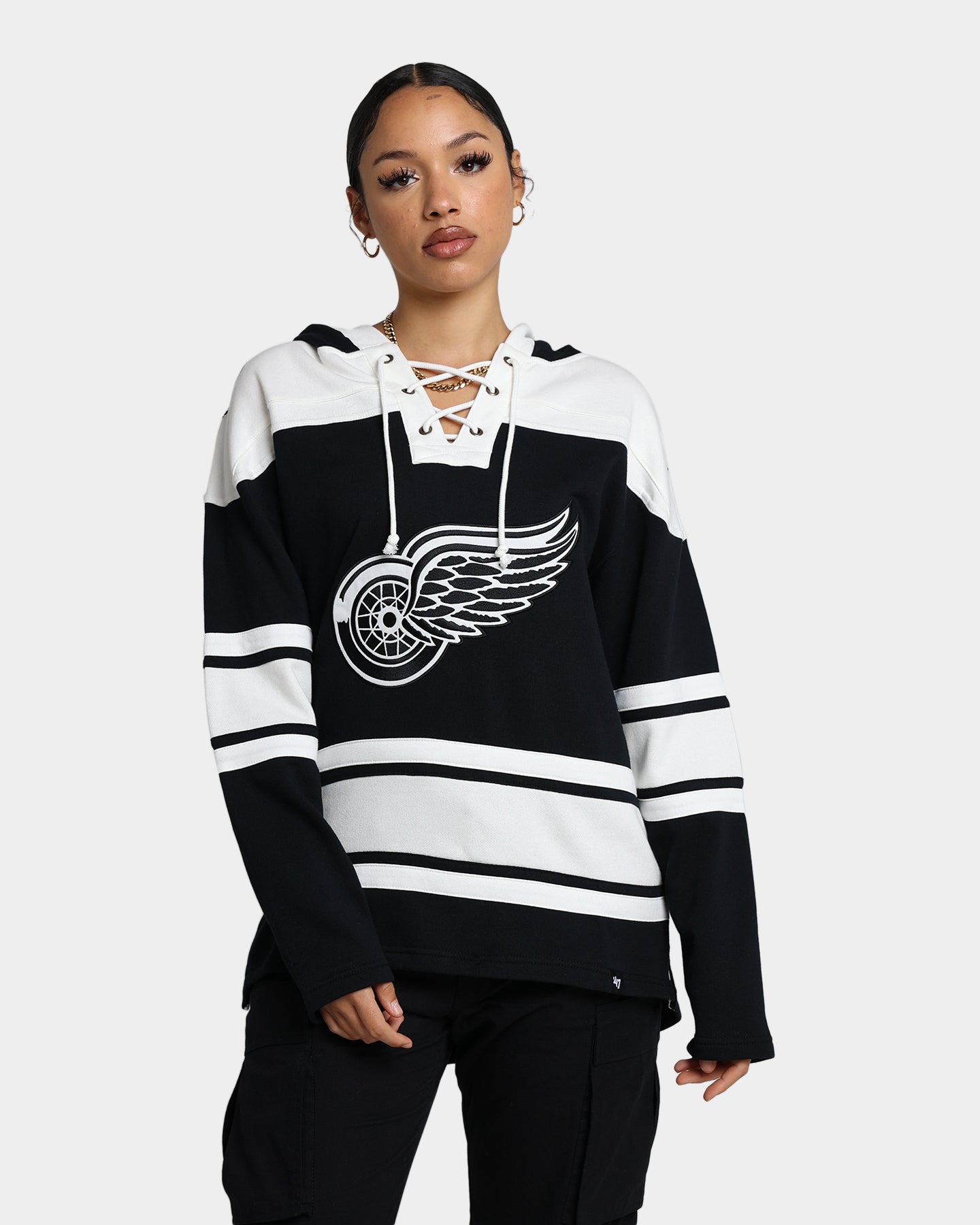 47 Brand Detroit Red Wings Superior Lacer Hoodie - Men's Premium Pullover Sweatshirt - Jet Black - Perfect for Game Day & Casual Wear