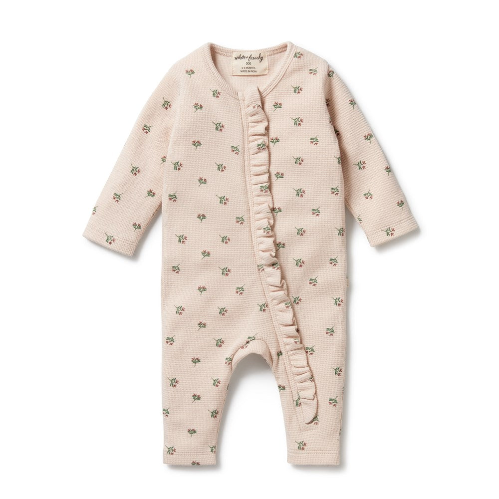 Emily Floral Organic Cotton Waffle Ruffle Zipsuit Baby Romper - Soft & Breathable for Newborns, Infants & Toddlers - Perfect for Playdates, Daycare & Family Outings