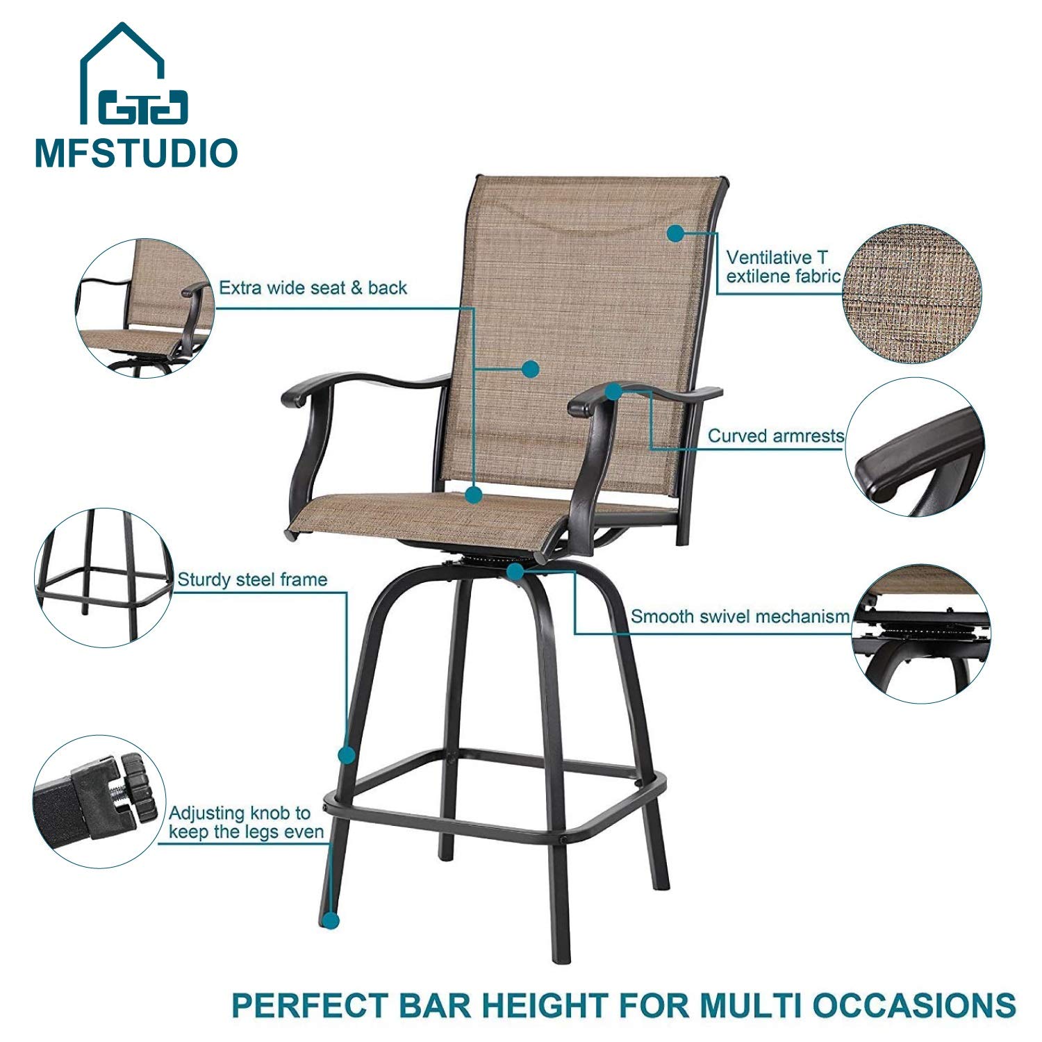 MFSTUDIO 2 Pack Outdoor Swivel Bar Stools - Patio Bar Height Chairs with Breathable Sling Fabric, All-Weather Resistant, Brown - Perfect for Backyard, Deck, Poolside & Garden Use