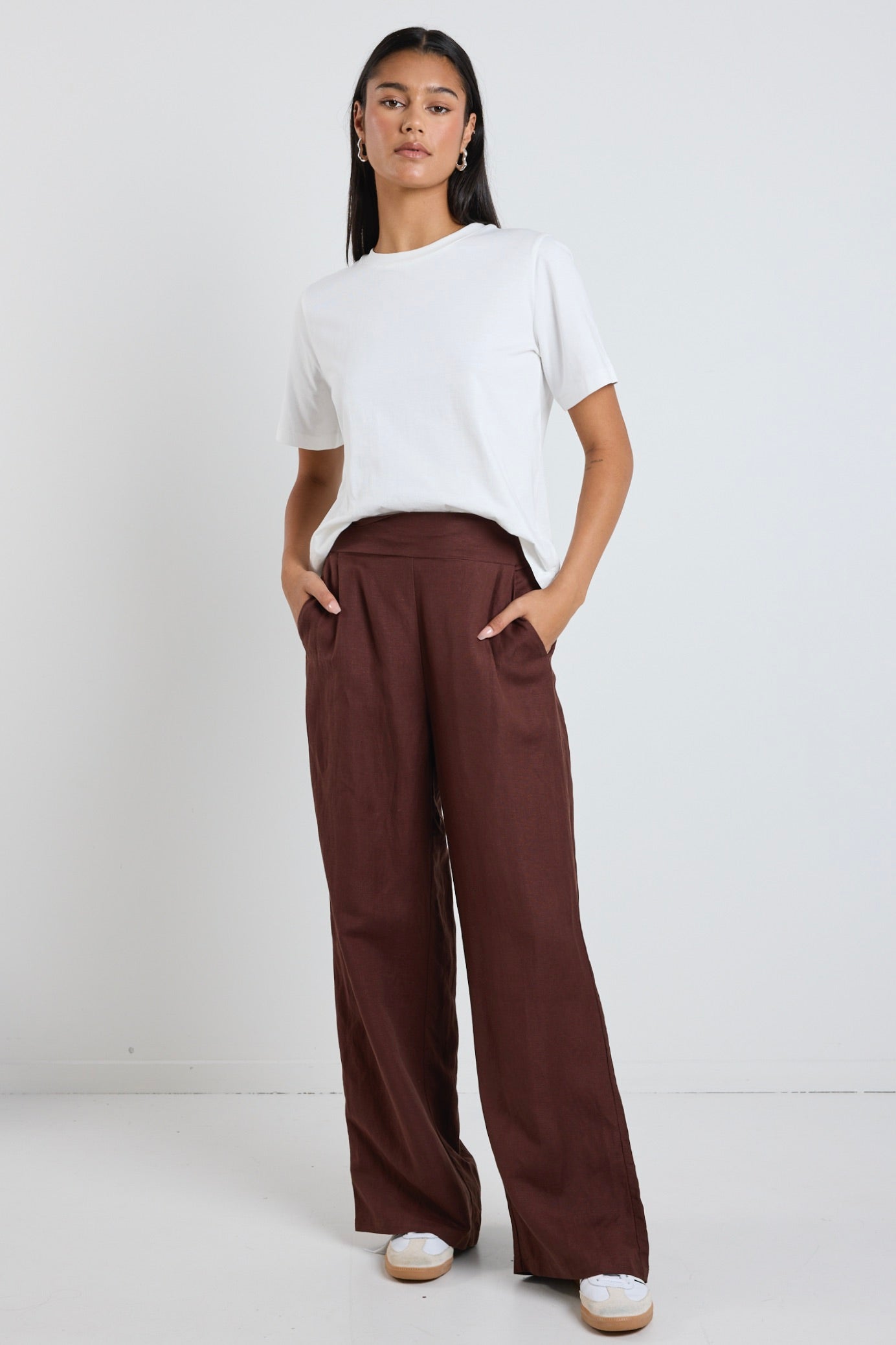 Guardian Chocolate Linen Viscose Elastic Waist Pants for Women - Comfortable Stretchy Lounge Pants for Home, Yoga & Casual Wear