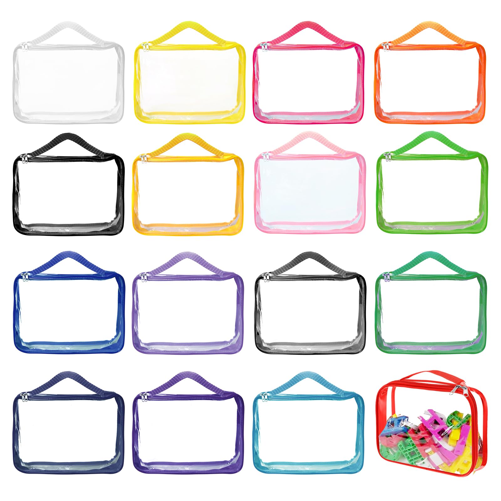 16 Pack Clear PVC Waterproof Zipper Storage Bags - Organize Toys, Board Games, Building Blocks, Puzzles & Kids Books - Durable Plastic Organizer for Home, Classroom & Travel (Multicolor)