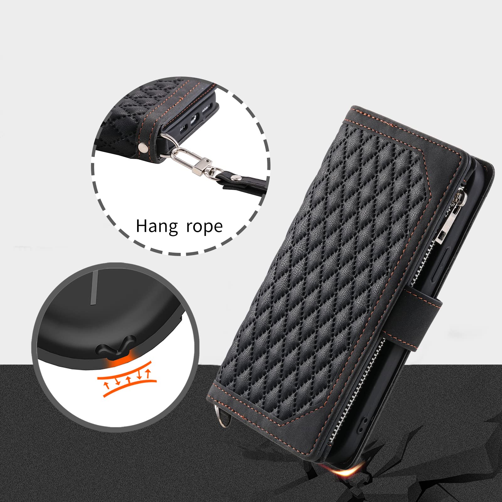 Luxury Quilted PU Leather Wallet Case for Samsung Galaxy A53 5G - RFID Blocking Card Slots, Magnetic Zipper Closure, Wrist Strap & Kickstand - Shockproof Flip Cover for Women (Black) - Perfect for Travel, Shopping & Daily Use