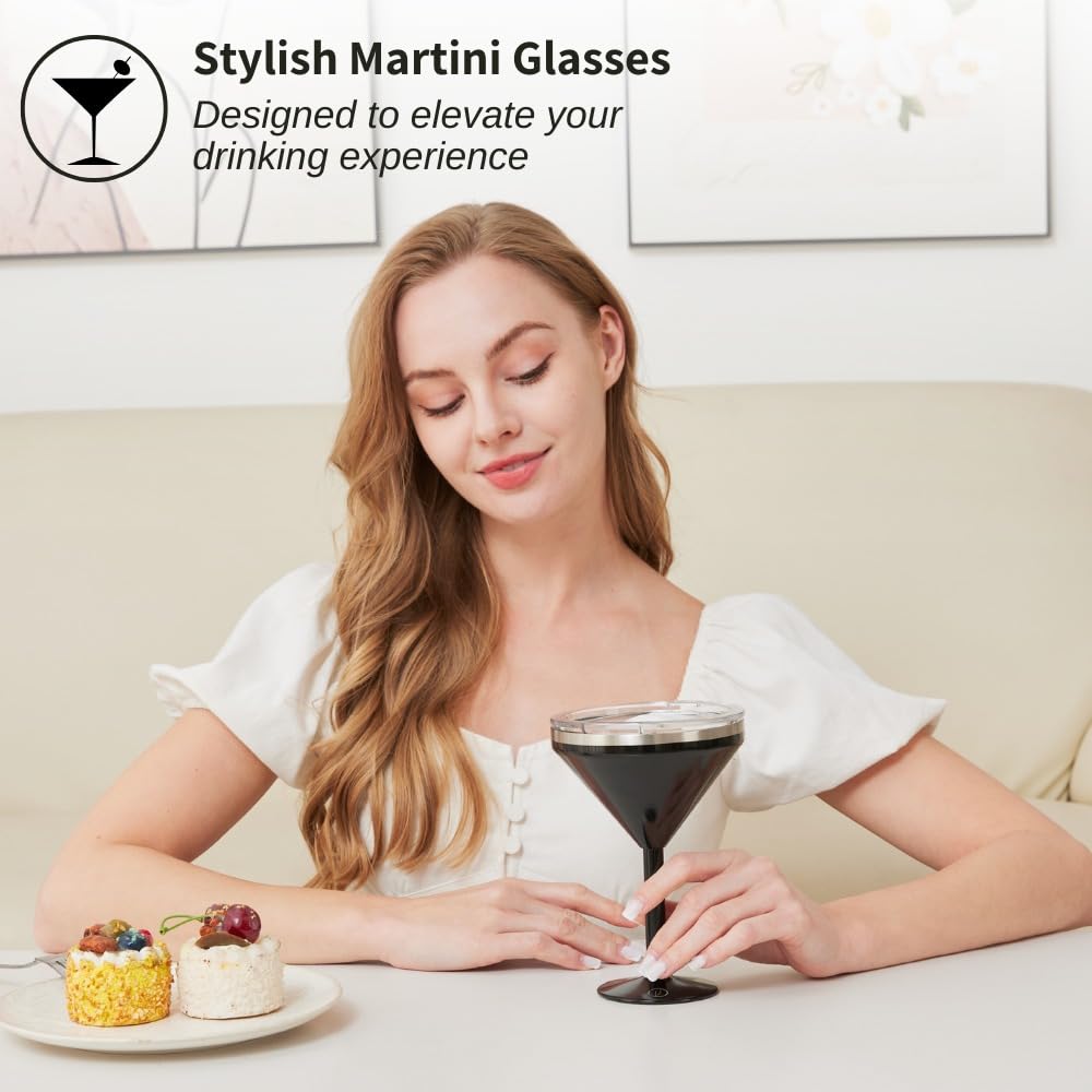 8 oz. Vacuum Sealed Stainless Steel Martini Glasses Set of 2 - Insulated Tumbler with Straws, Olive Pins & Straw Cleaner | Perfect for Cocktail Parties, Home Bar & Travel Drinkware | Black