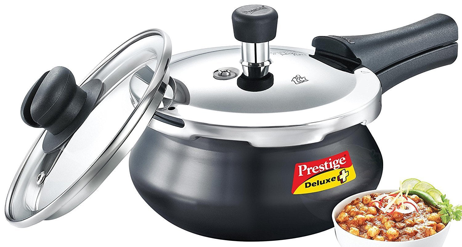 Prestige Deluxe Duo Plus 2L Induction Base Hard Anodized Pressure Cooker with Glass Lid - Fast & Safe Cooking for Soups, Stews & Rice Dishes