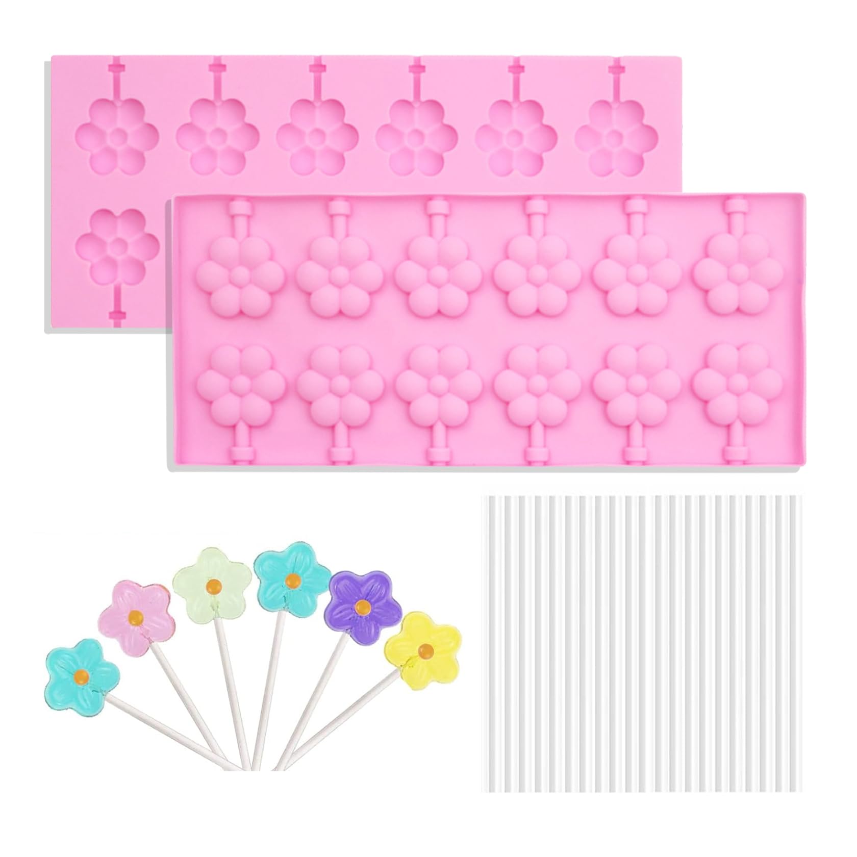 12-Cavity Flower Silicone Lollipop Molds - 8 Large Round Sucker Molds for Chocolate & Hard Candy Making - Includes 20 Sucker Sticks - Perfect for DIY Candy, Party Favors & Home Baking Projects