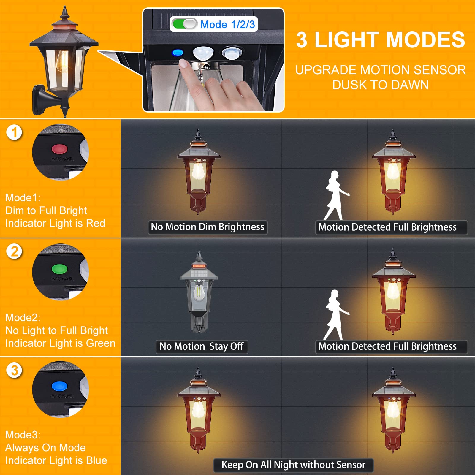 2 Pack Solar Wall Lantern Lights Outdoor - Waterproof Motion Sensor LED Exterior Lights with 3 Lighting Modes, Dusk to Dawn Auto On/Off for Front Porch, Garage, House Doorway, Yard, Garden & Pathway (Perfect for Home Security & Landscape Lighting)