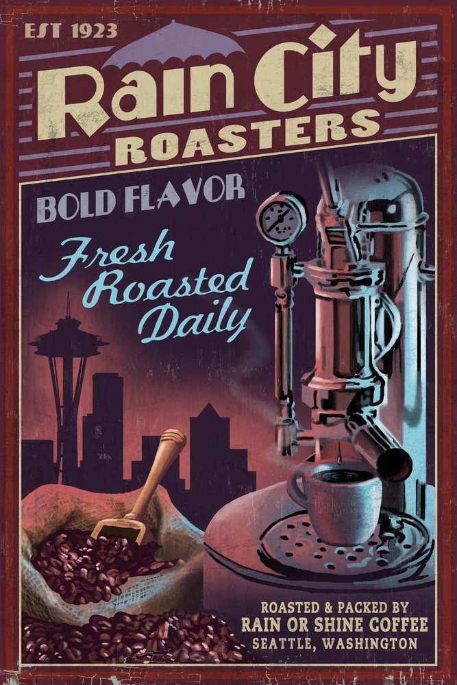 Vintage Seattle Washington Coffee Roasters Sign - 24x36 Signed Art Print, Wall Decor Poster for Home, Office & Café - Perfect for Coffee Lovers & Pacific Northwest Decor