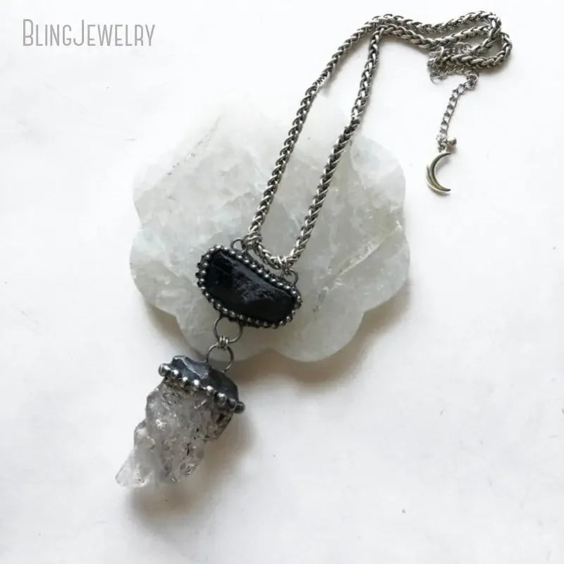 10pcs Raw Black Tourmaline Herkimer Quartz Crystal Necklace - Natural Schorl Gemstone Jewelry for Women, Goth Witch Wicca Boho Style, Perfect for Spiritual Healing, Meditation & Fashion Accessories