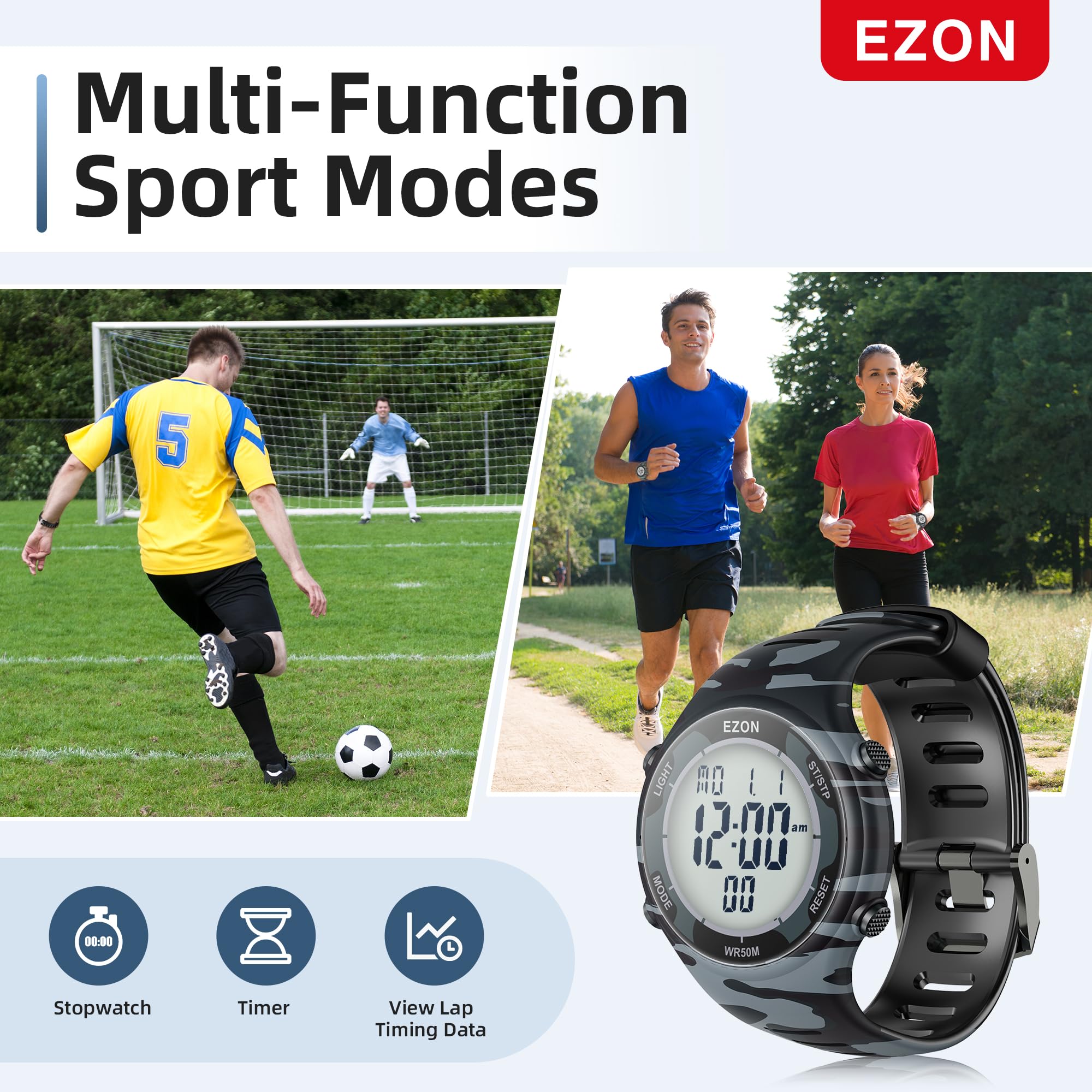 EZON Digital Sports Watch for Men & Women - 5ATM Waterproof, Stopwatch, Countdown Timer, Chronograph, Lap Timing, EL Backlight, Alarm - Perfect for Swimming, Running, Gym & Outdoor Activities