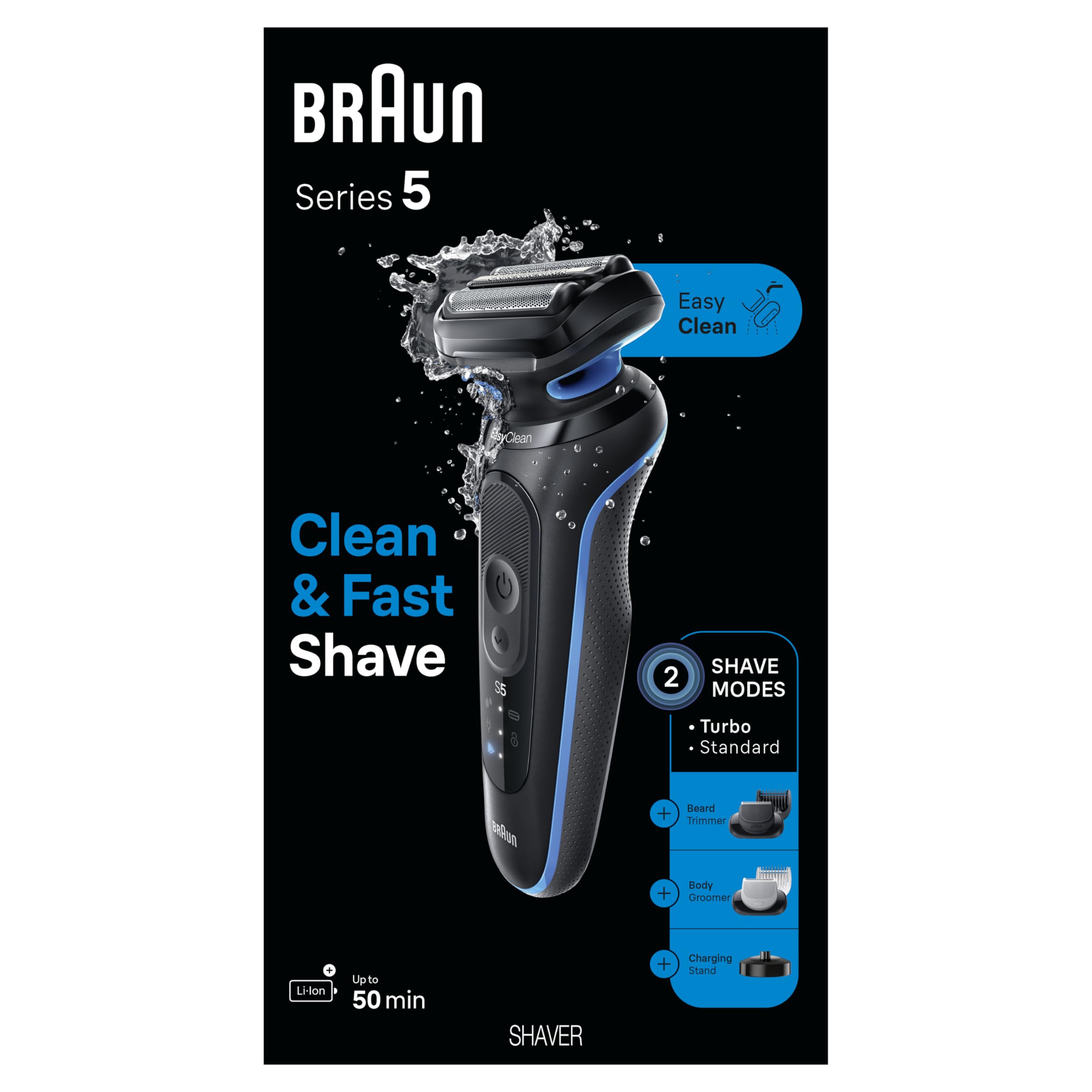 Braun Series 5 5150cs Men's Electric Shaver - Wet & Dry Foil Shaver with Turbo Mode, Beard Trimmer & Body Groomer - Includes Charging Stand (Blue) - Perfect for Travel, Home Use & Quick Shaving