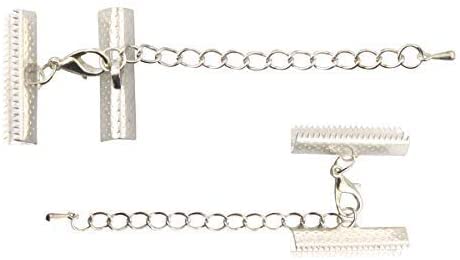 20mm Silver Ribbon End Clamp Crimps with Lobster Clasp & Extension Chain - DIY Jewelry Making Kit for Bracelets, Necklaces & Craft Projects (Includes Storage Container)