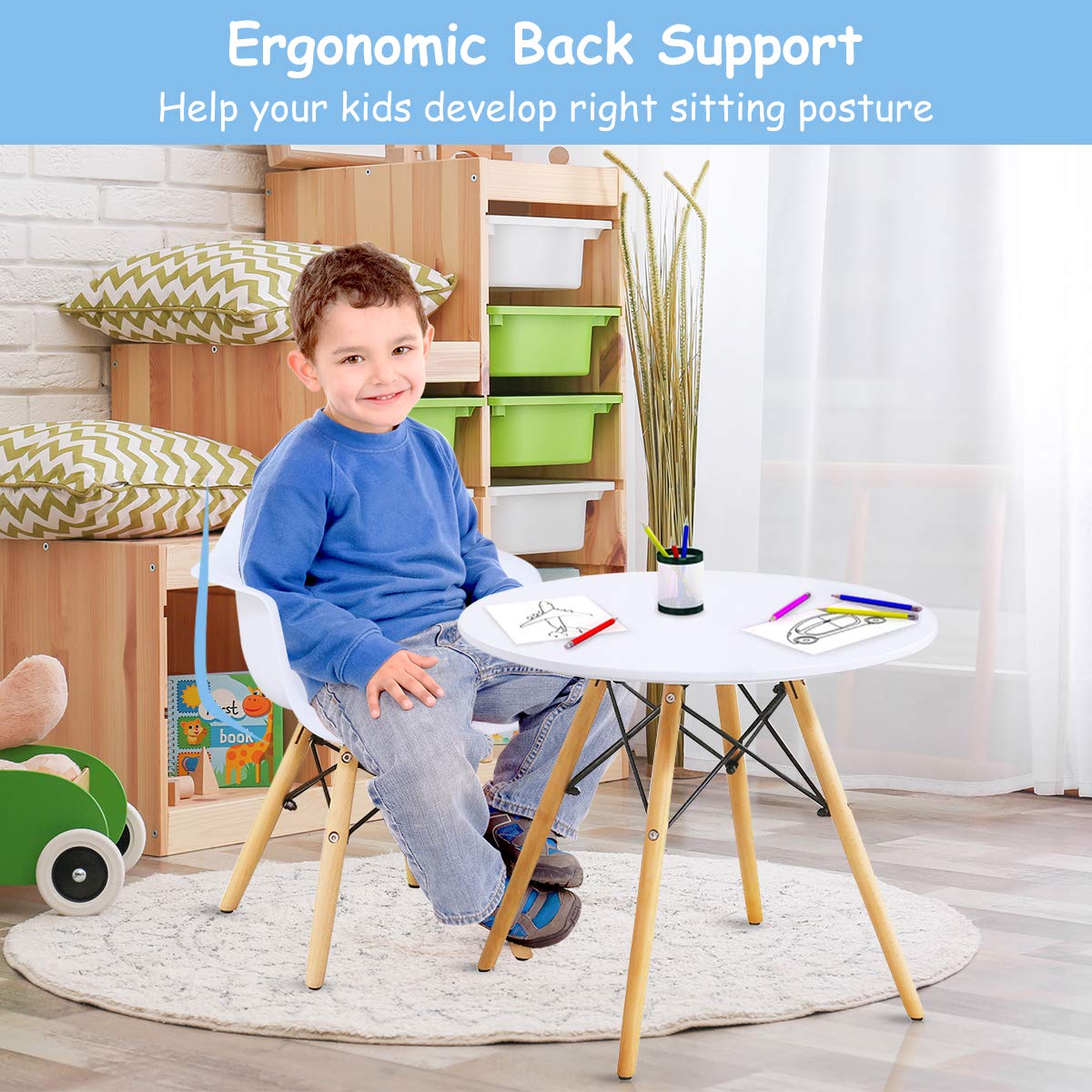 Costzon Kids Table and 2 Chair Set - Mid-Century Modern Style Round Dining Table with Armchairs for Toddlers & Children, White Wooden Table & Chairs for Playroom, Classroom, or Kids Bedroom - Perfect for Arts & Crafts, Snack Time, and Learning Activities