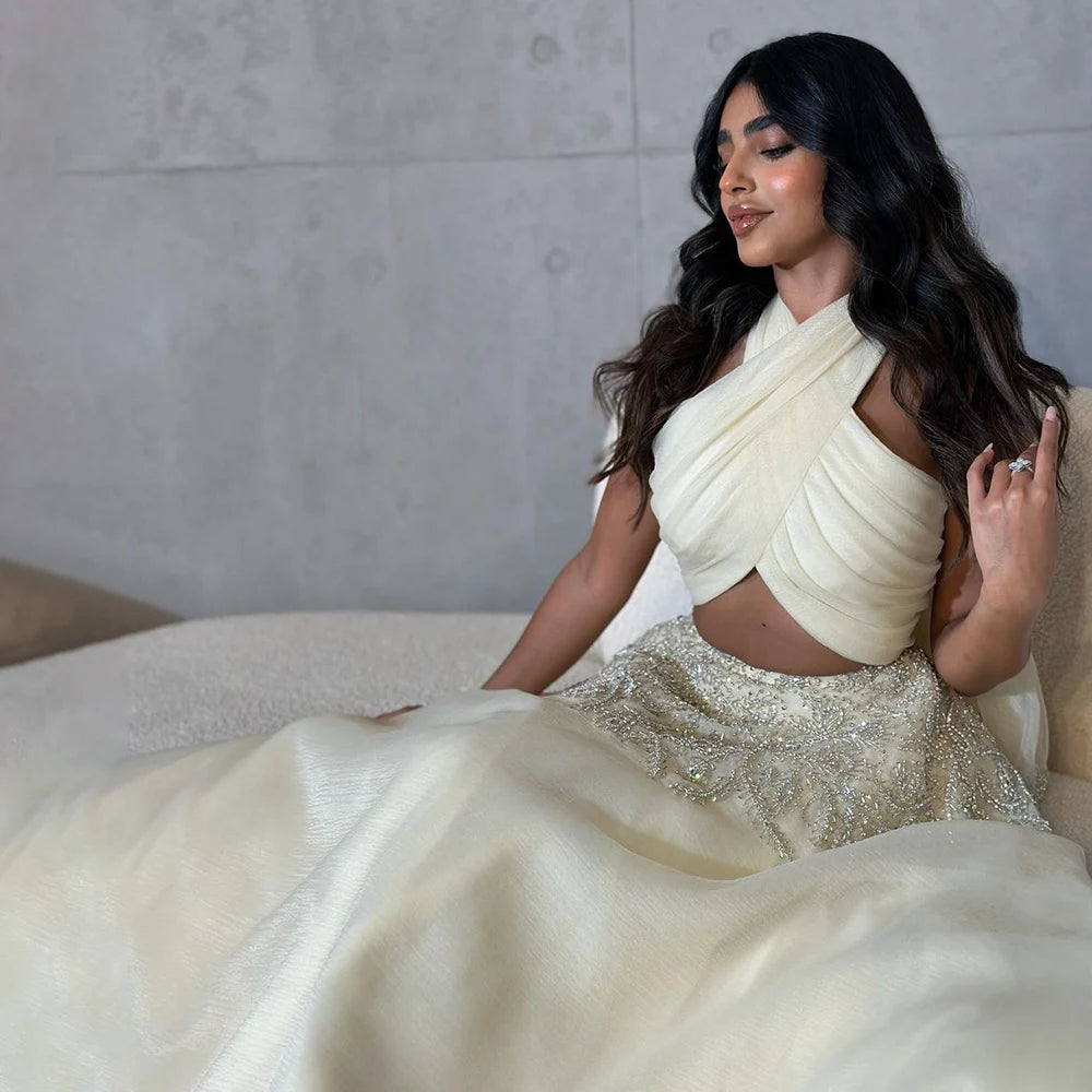 Luxury Beaded Halter A-Line Evening Gown for Women - Serene Hill Dubai Arabic Beige Wedding Party Dress LA72278 | Elegant Formal Wear for Galas, Prom & Special Occasions
