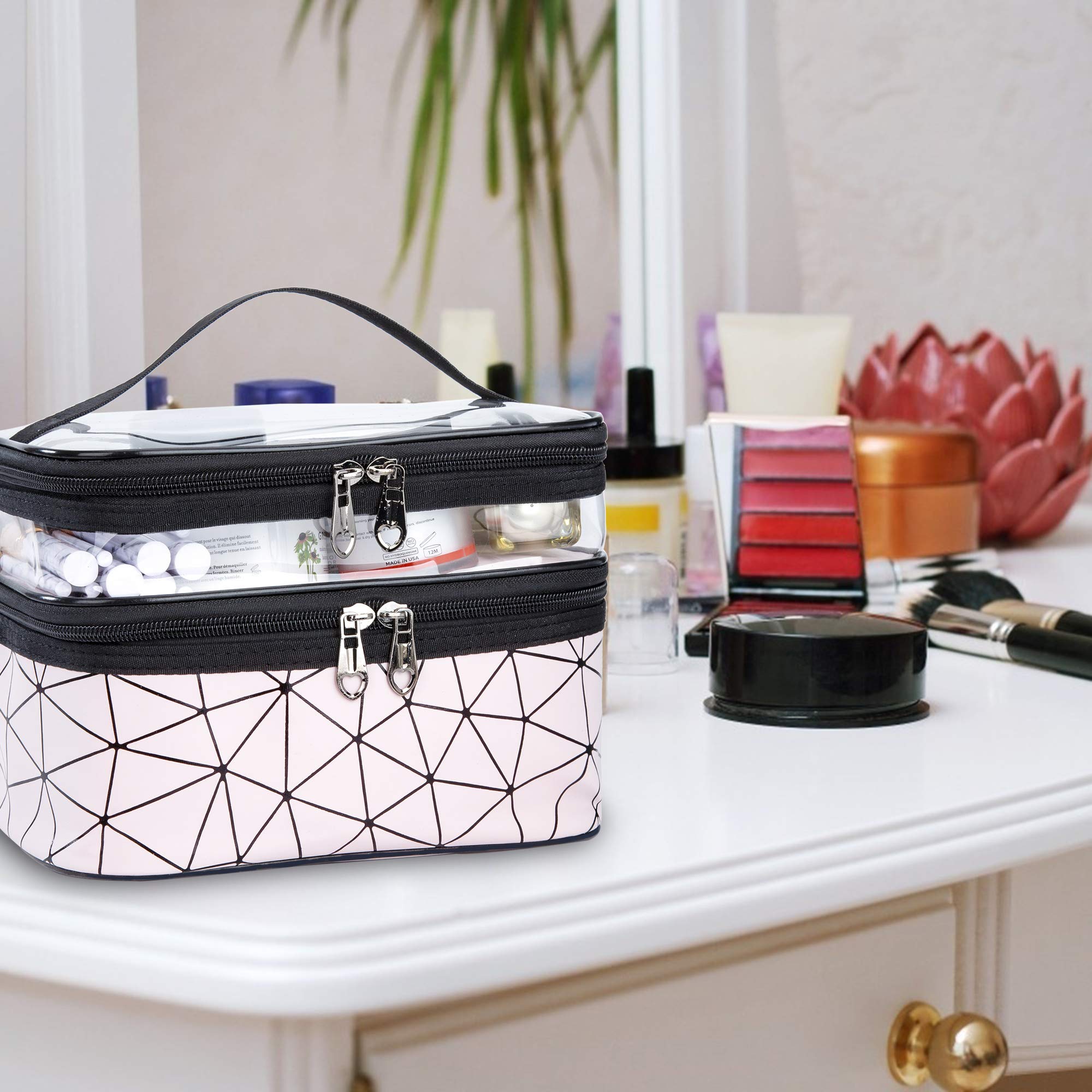 Waterproof Double Layer Makeup Bag - Travel Cosmetic Case for Home, Swimming & Business Trips (Pink)