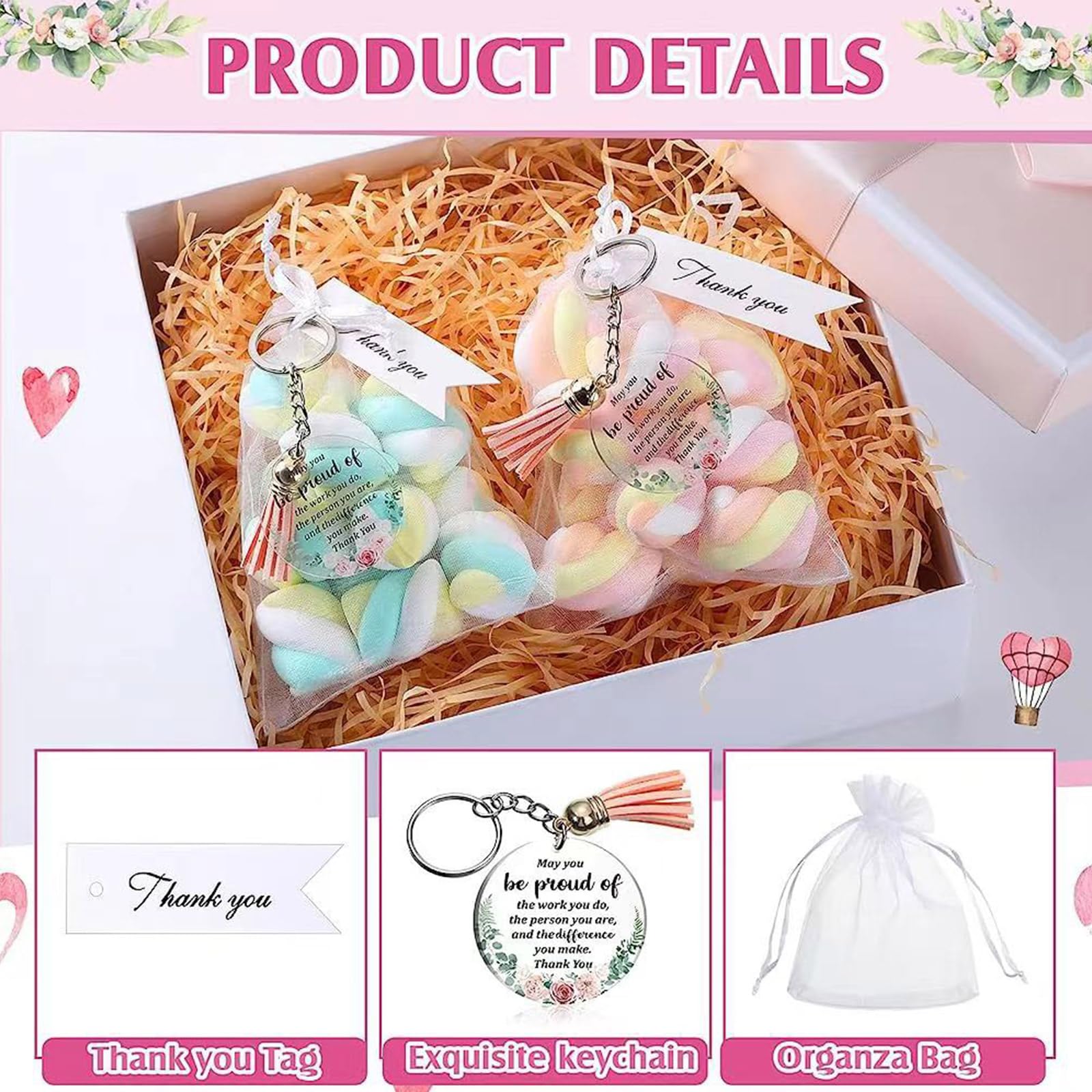 48-Pack Saddgo Thank You Cards with Inspirational Floral Acrylic Keychains - Appreciation Gifts for Birthday, Teacher, Nurse & Coworkers | Bulk Thank You Notes with Plastic Storage Bags for Office, School & Party Favors