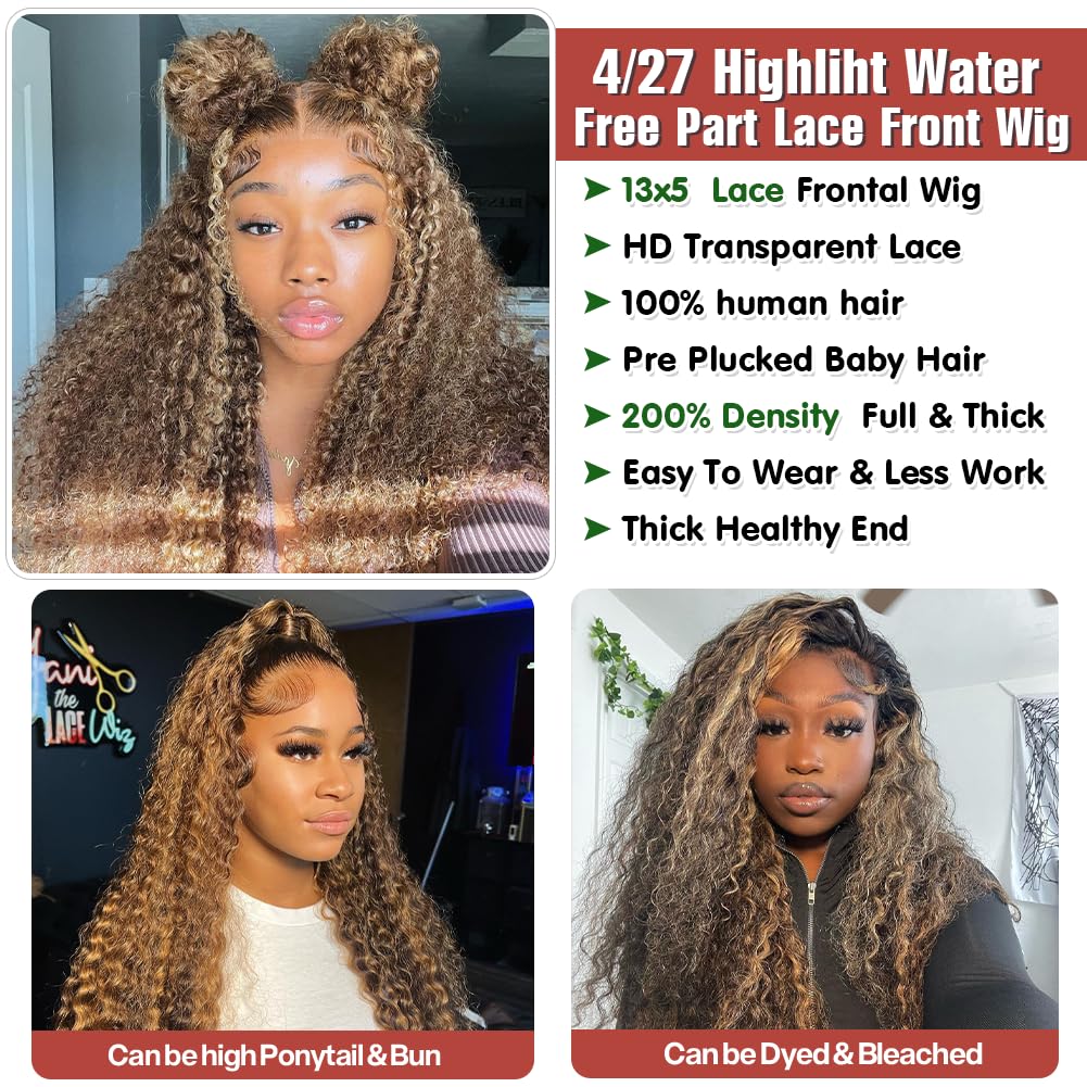 Azibo Honey Blonde HD Lace Front Wig 200% Density Human Hair - 26 Inch Water Wave Ombre 4/27 Highlight 13x5 Full Lace Wig Pre-Plucked for Natural Look | Perfect for Daily Wear, Cosplay, and Special Occasions
