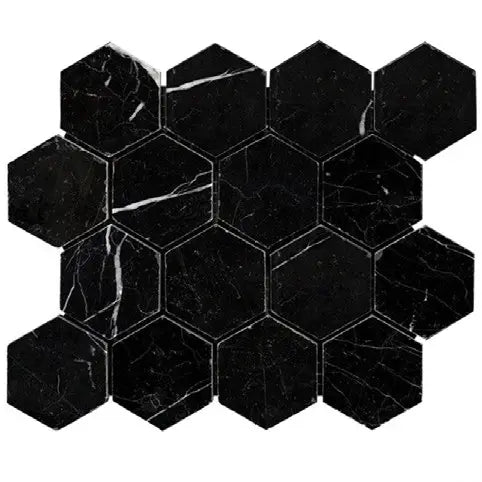 Premium Nero Marquina Marble 3 Inch Hexagonal Mosaic Tile - Polished or Honed Finish for Bathroom, Kitchen Backsplash & Flooring | Natural Black Stone Tile for Modern Interior Design