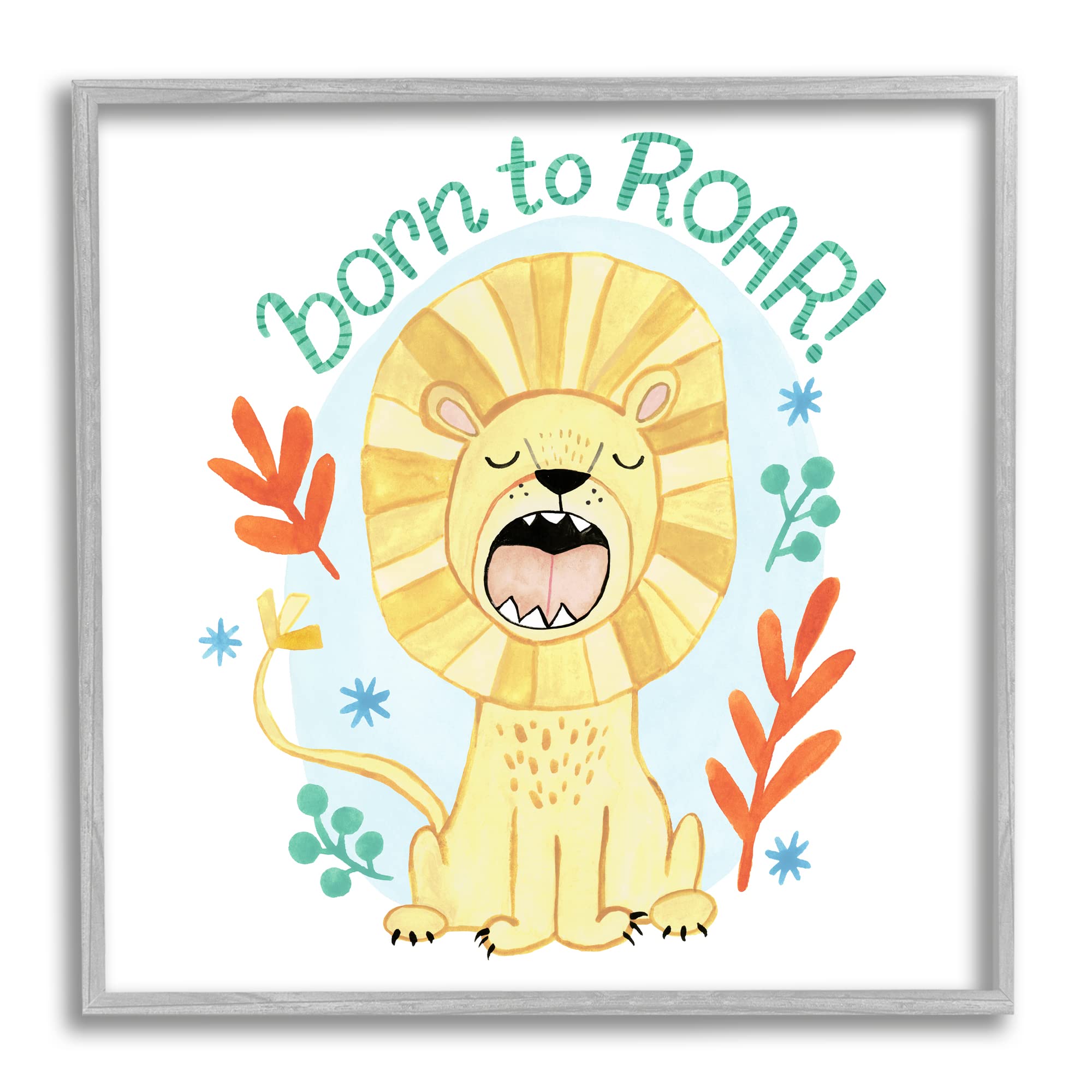 Stupell Industries 'Born To Roar' Framed Wall Art - Yellow Lion & Botanical Print by Heather Strianese - Perfect for Nursery, Kids Room Decor or Wildlife Themed Living Room