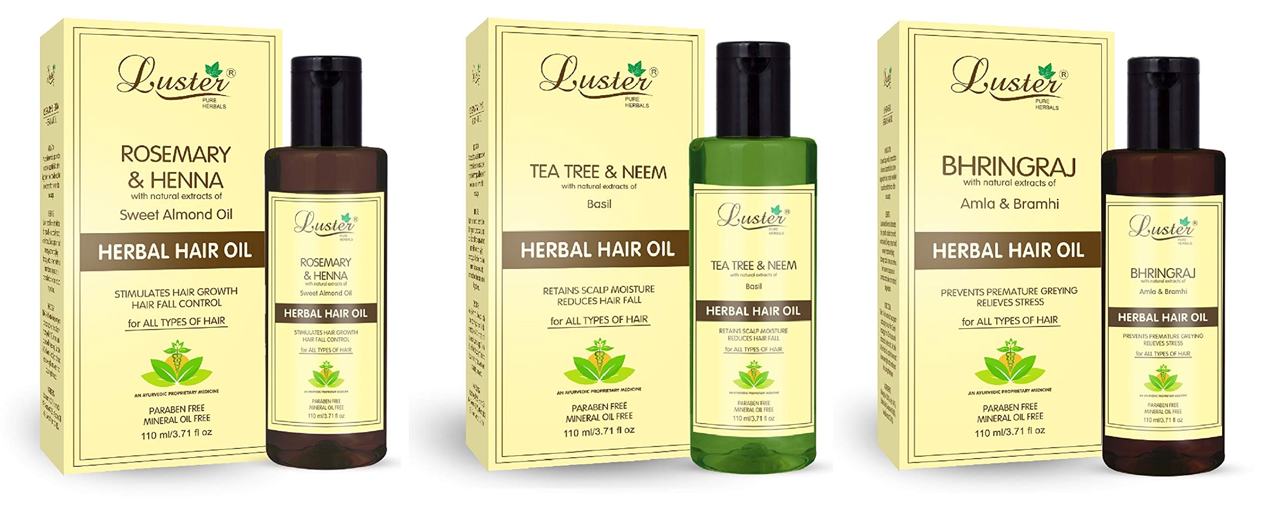 Luster Rosemary & Henna Hair Oil with Tea Tree & Neem | Bhringraj Oil Combo for All Hair Types | Natural Extracts Enriched | Paraben & Mineral Oil Free - 110ml (Pack of 3) | Promotes Hair Growth & Scalp Health for Daily Hair Care Routine