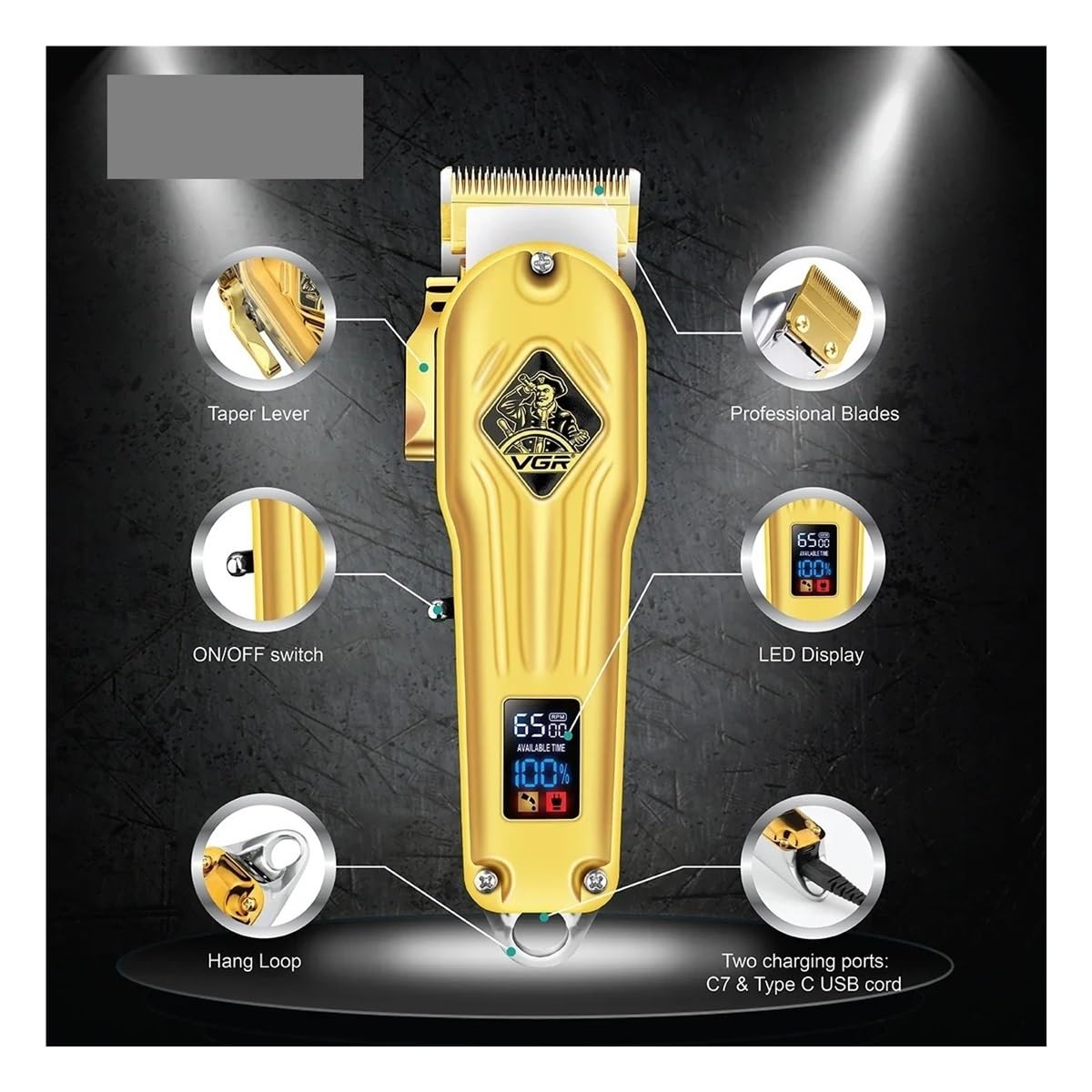 Professional Cordless Hair Clipper V-267 - Gold Barber Trimmer with Digital Display for Men | Precision Haircutting, Beard & Mustache Grooming | Home & Salon Use