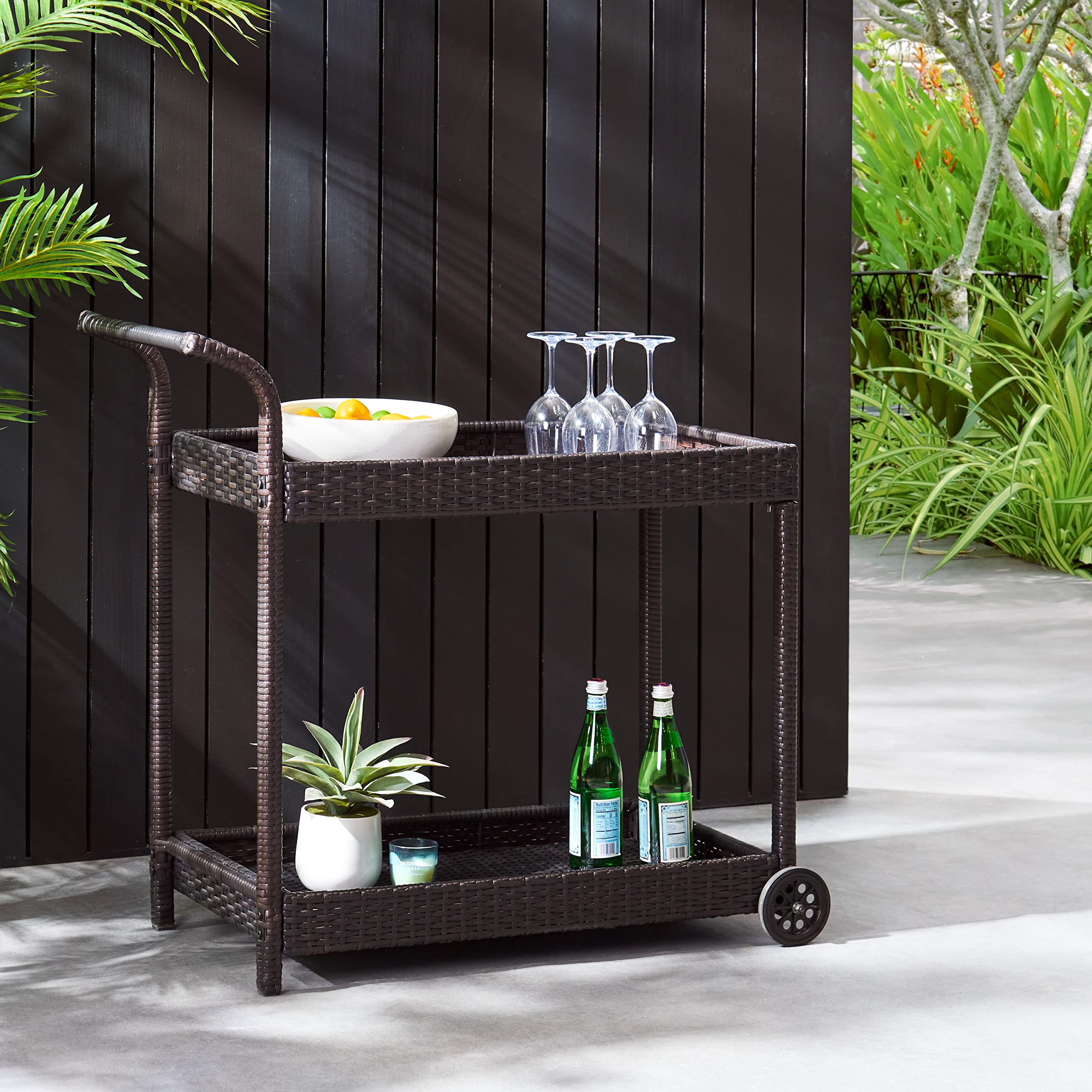 Christopher Knight Home Savona Bar Cart - Rustic Brown Rolling Bar Cart with 2 Shelves & Wheels for Living Room, Kitchen, or Home Bar - Perfect for Serving Drinks & Storing Glassware