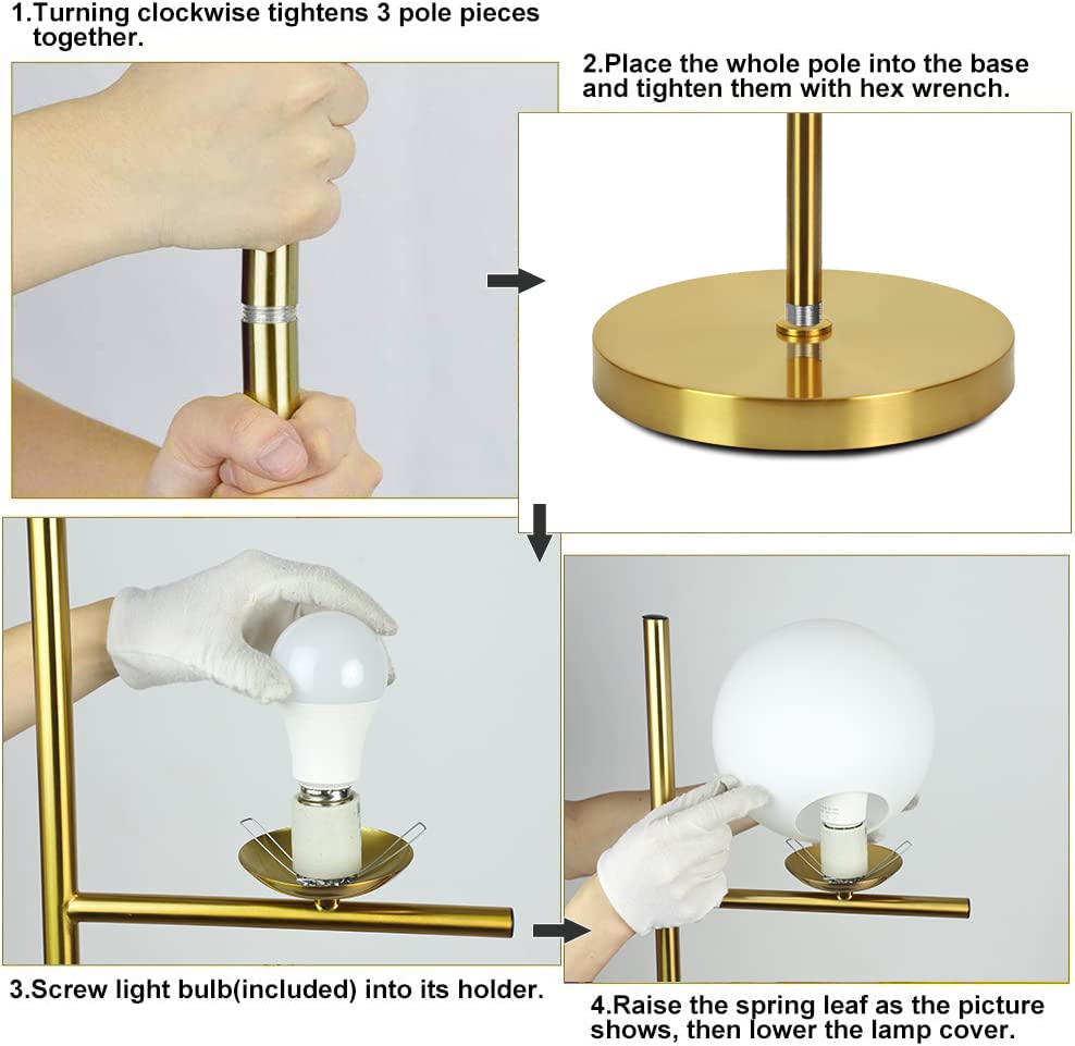 Modern Gold LED Floor Lamp with Frosted Glass Globe - 3000K Warm White Tall Standing Light with E27 Holder - Adjustable Reading Lamp for Living Room, Bedroom, Office - Creates Cozy Ambiance for Relaxing & Working (Bulb Included)