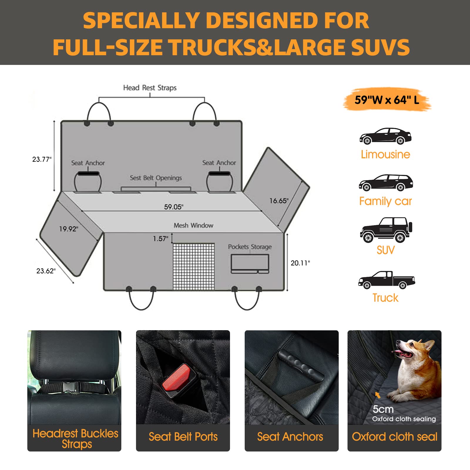 nzonpet Waterproof Dog Back Seat Cover for Trucks - XL Scratchproof & Nonslip Pet Truck Hammock with Mesh Window | Heavy Duty Seat Protector for Full Size Pickup Trucks F150 (Black) | Perfect for Road Trips & Outdoor Adventures