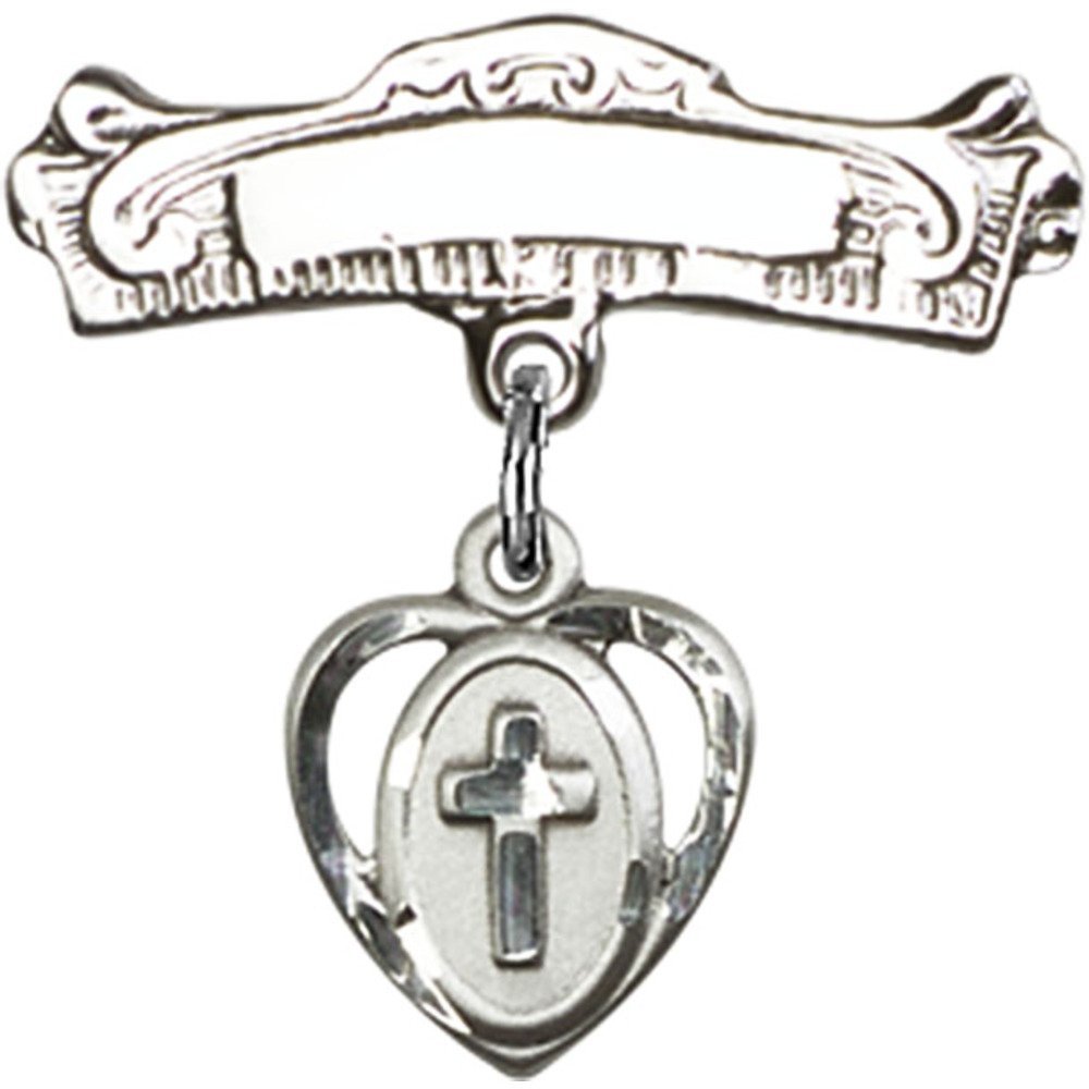 3/4 X 7/8 Inch Sterling Silver Baby Badge with Cross Charm & Arched Polished Pin - Perfect for Christenings, Baptisms & First Communion Gifts