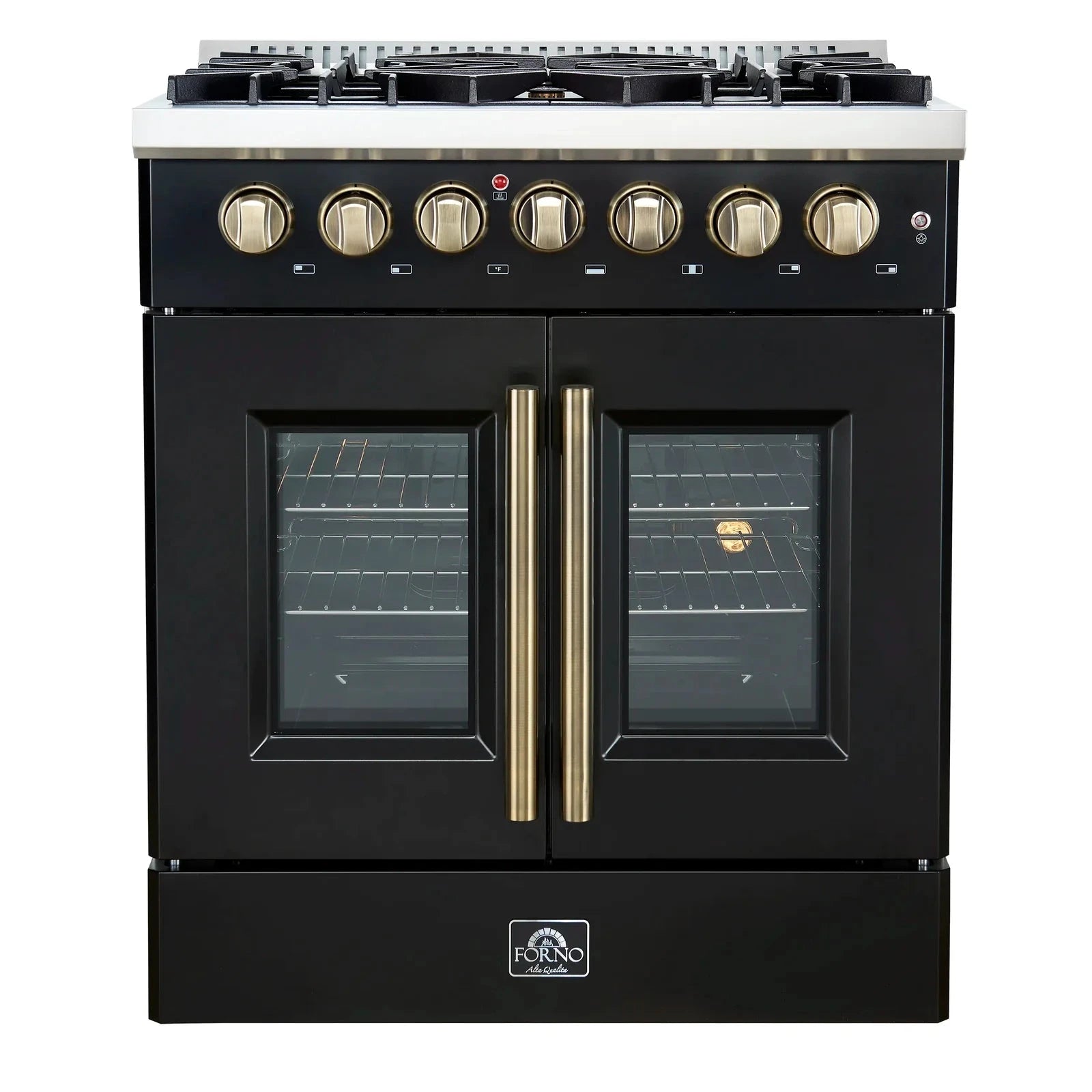 Forno Galiano 30-Inch French Door Dual Fuel Range with 5 Gas Burners & Electric Convection Oven - Black with Antique Brass Trim (Model FFSGS6356 30BLK) | Professional Kitchen Appliance for Home Chefs & Cooking Enthusiasts