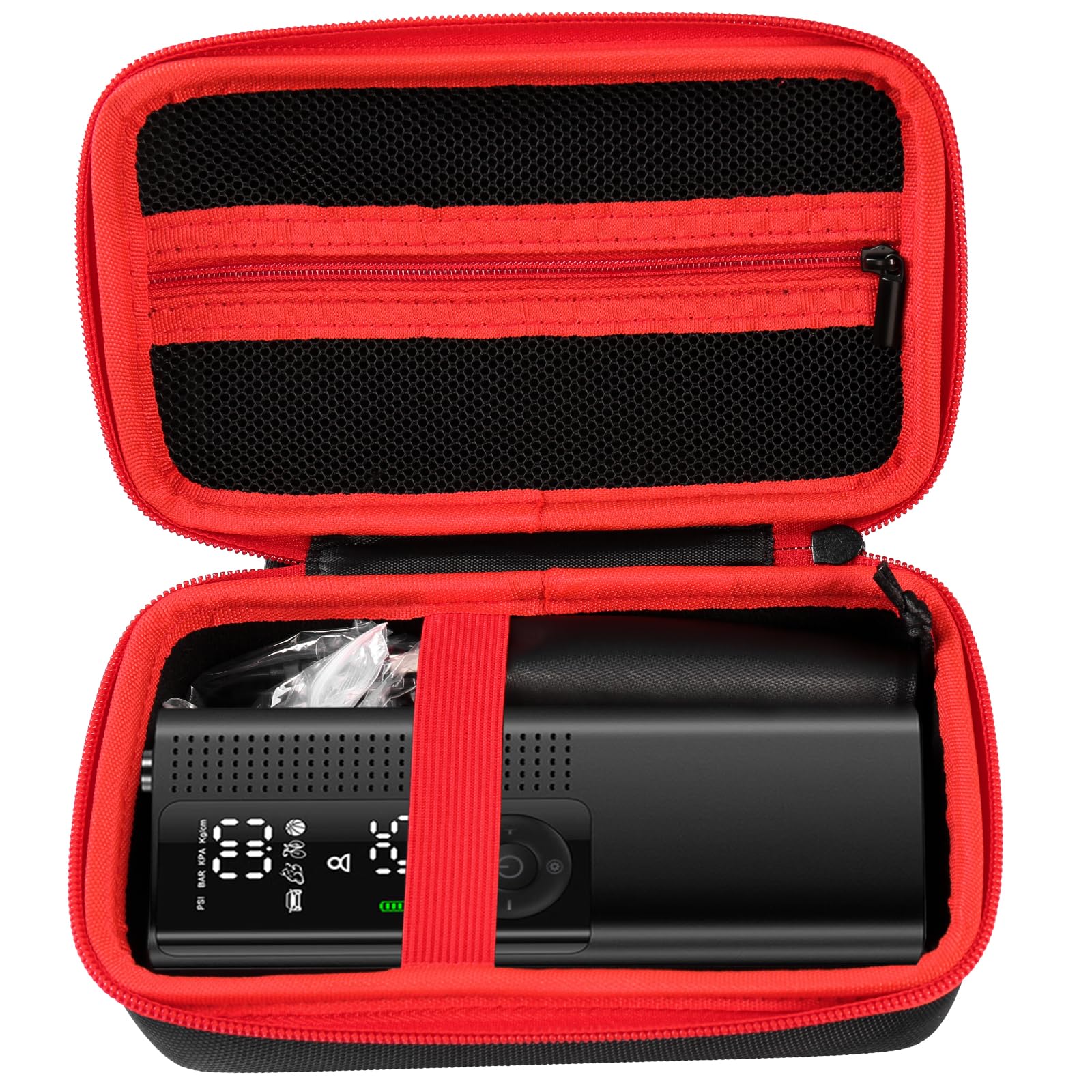 Portable Air Compressor Storage Case for Airmoto Tire Inflator - 120 PSI Air Pump Accessories Organizer with Car Tire Pressure Gauge (150 PSI) - Fits Air Hose & Connectors - Durable Black+Red Zipper Box - Perfect for Road Trips, Emergency Car Maintenance & Garage Organization