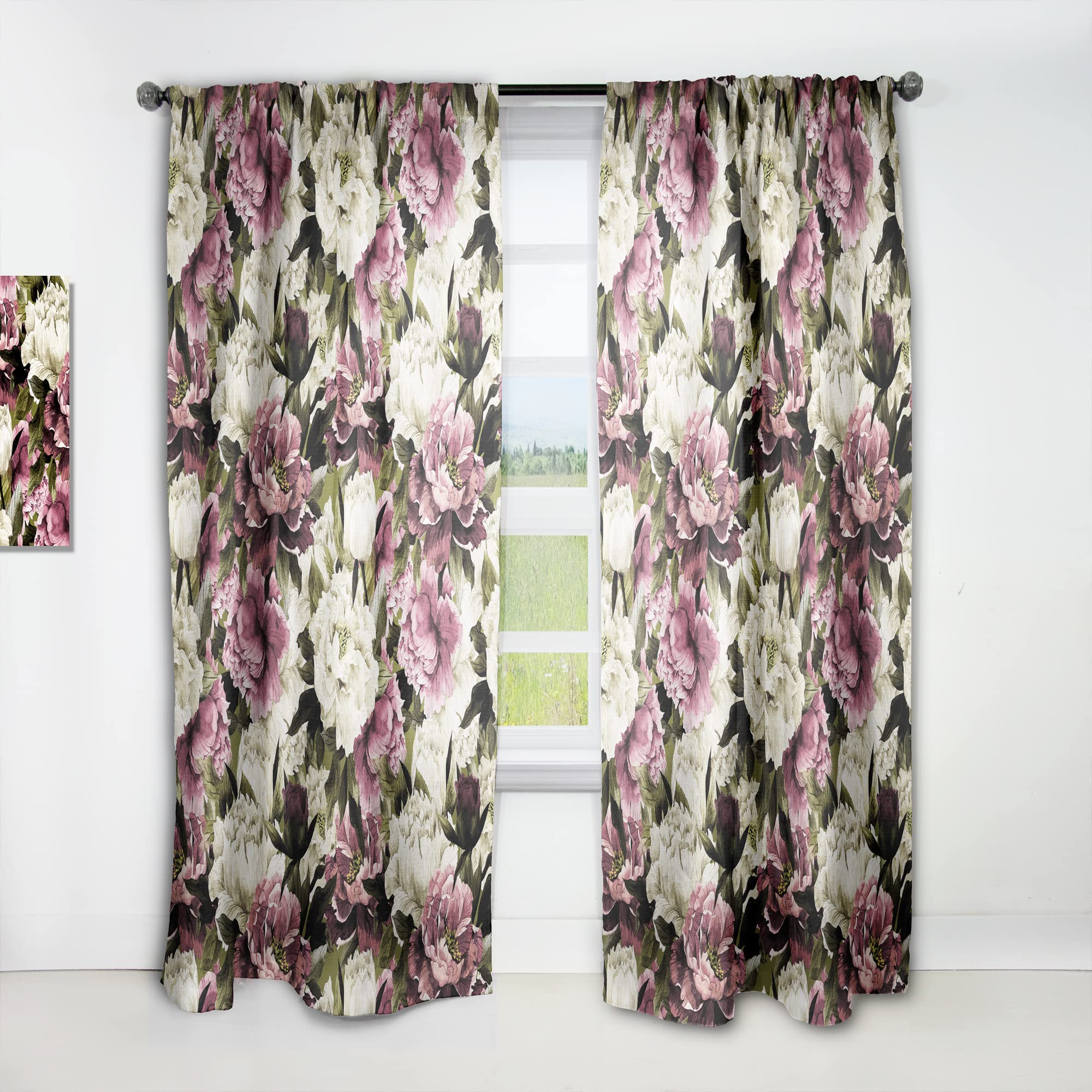 DesignQ Pink & White Peony Floral Curtains - Thermal Insulated Single Panel (52x120 inches) for Bedroom & Living Room - Elegant Window Drapes for Home Decor & Light Blocking