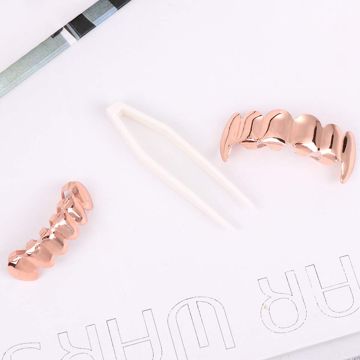 PRETYZOOM Rose Gold Plated Hip Hop Grillz Set - Top & Bottom Vampire Fang Tooth Jewelry for Men & Women | Perfect for Rap Performances, Halloween Costumes & Street Style Fashion