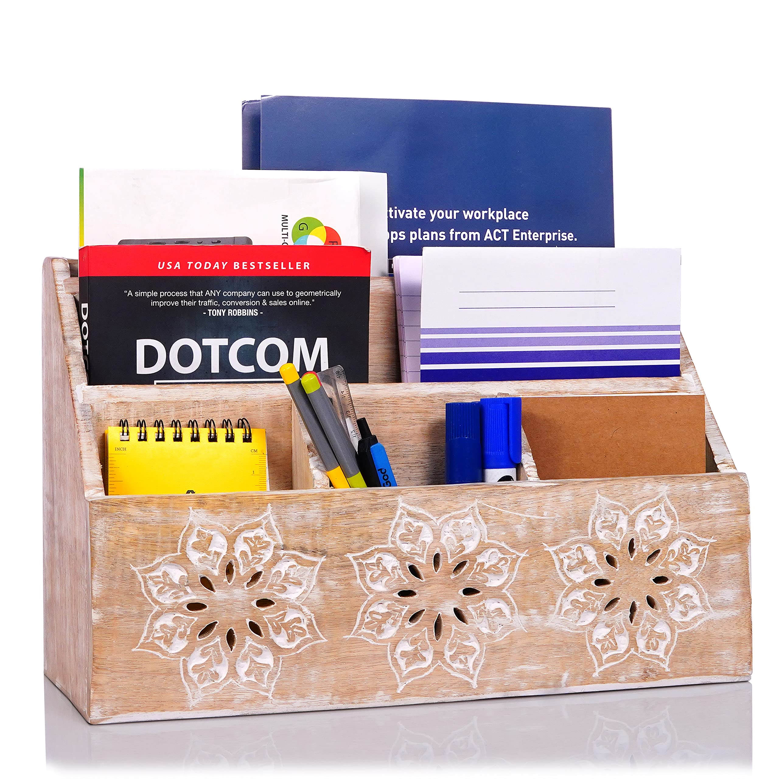 Mango Wood Mail Holder - 5 Compartment Desk Organizer for Home & Office - Rustic Farmhouse Decor