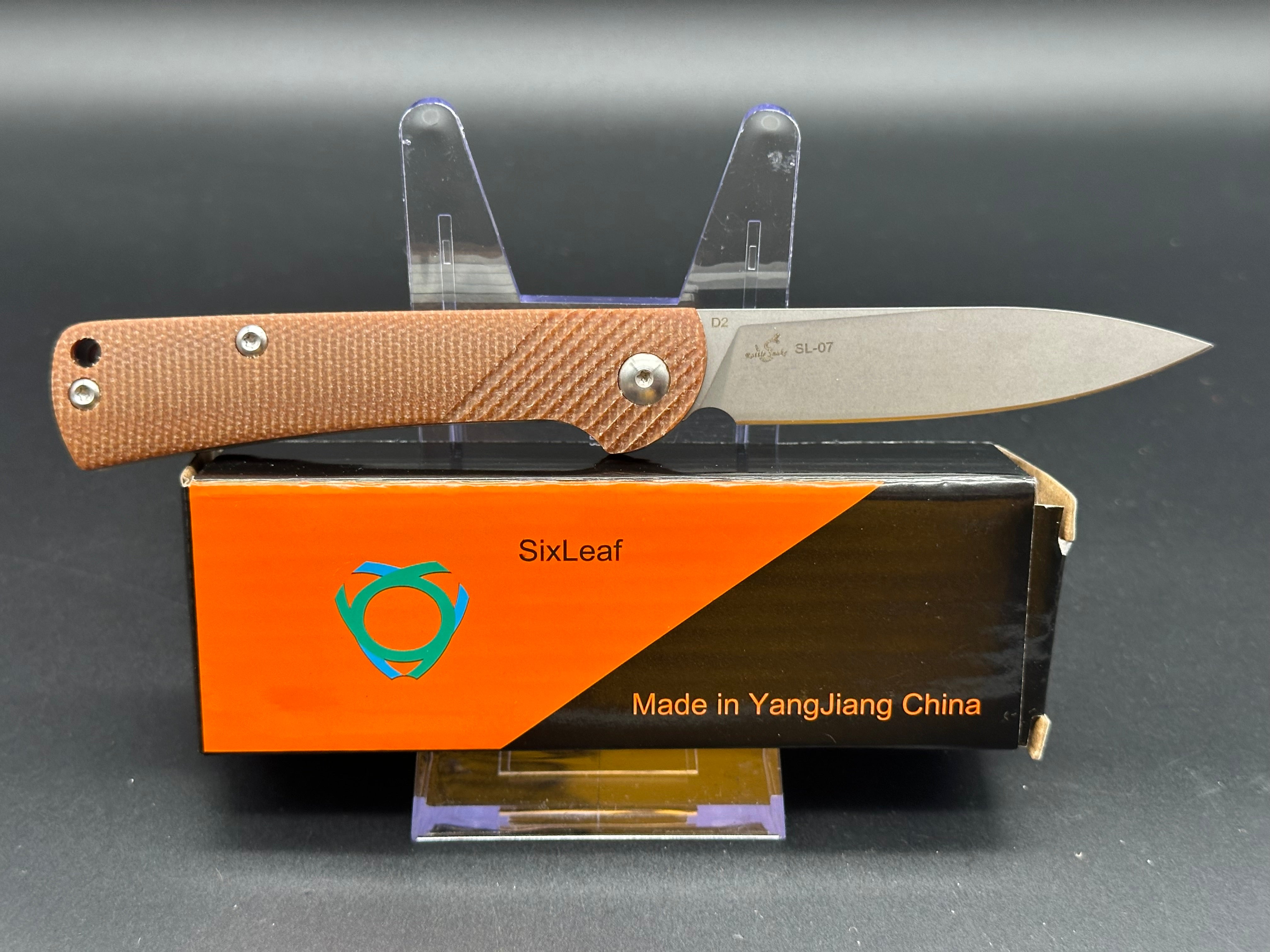 SIXLEAF SL 07 D2 Folding Pocket Knife - Brown Linen Micarta Handle, Plain Edge D2 Steel Blade - EDC, Camping, Outdoor Survival Tool